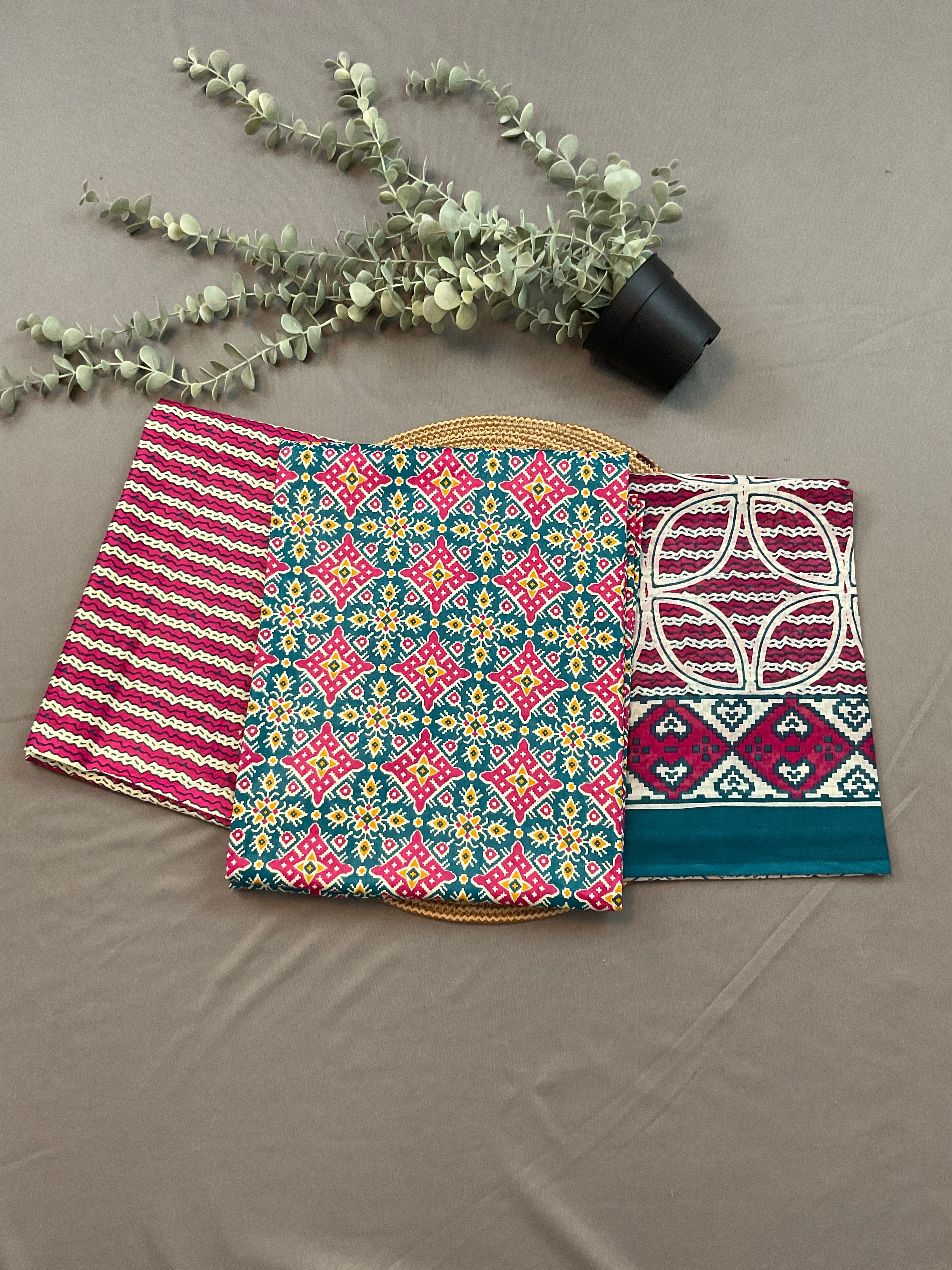 Blue & Pink Pochampally Cotton Dress Material