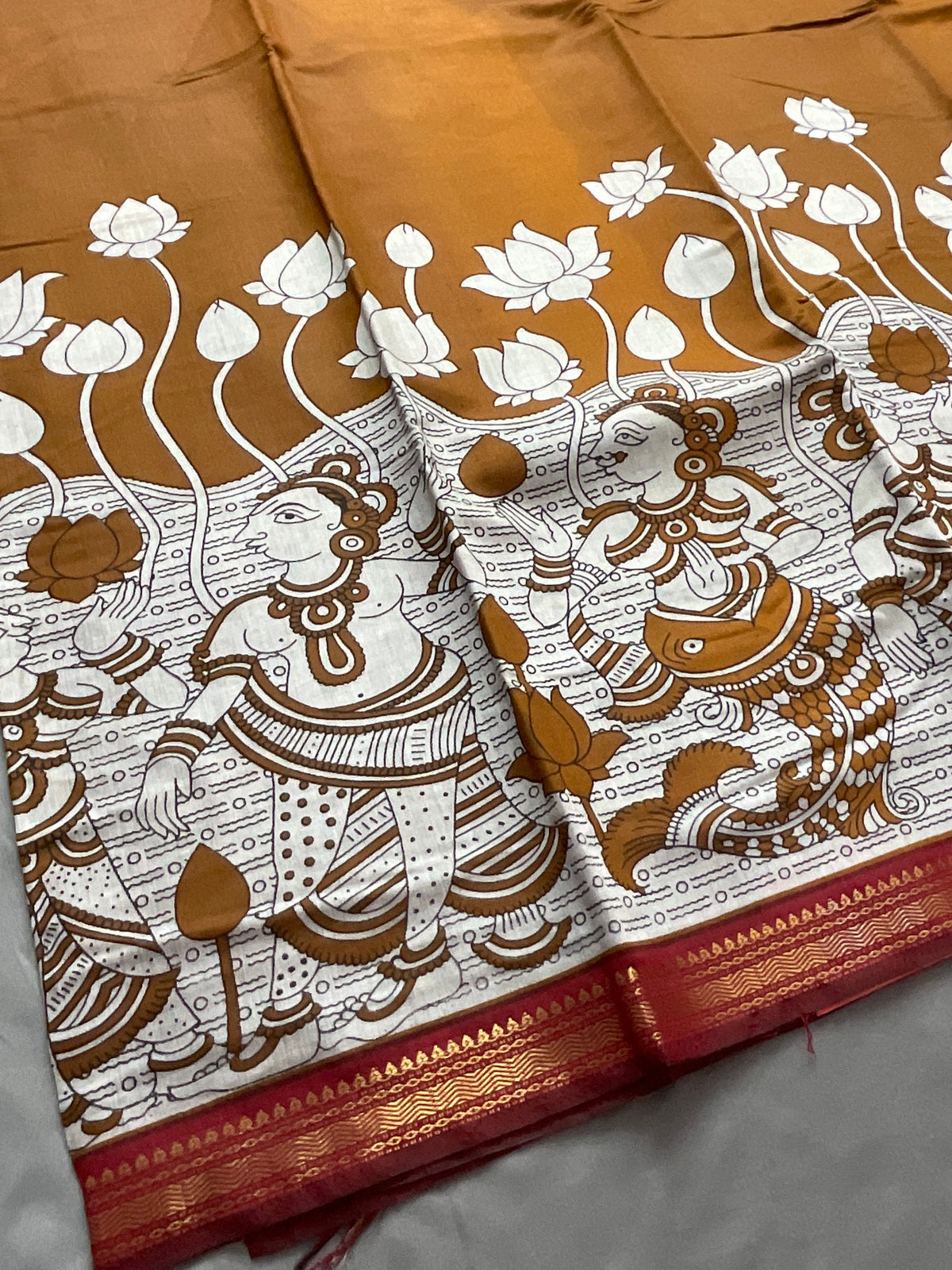 Pedana Kalamkari Hand-Block Soft Silk Saree in Deep Mustard with Red Designer Pallu & Gold Border