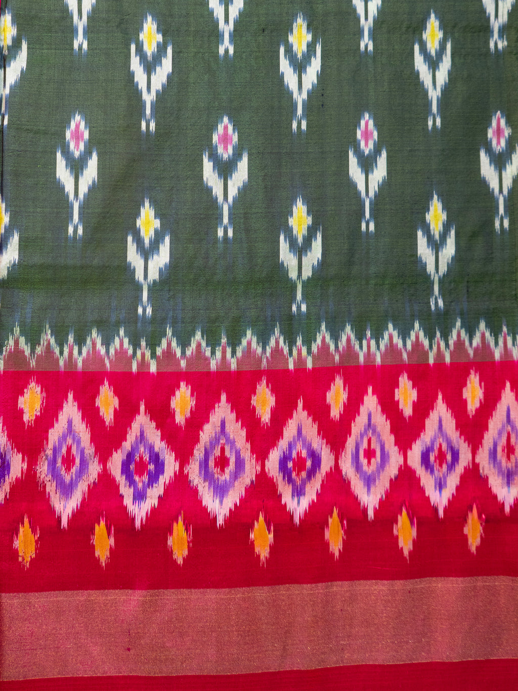 Pure Pochampally Double Ikat Silk Saree in Green with Pink Zari & Ikkat Border