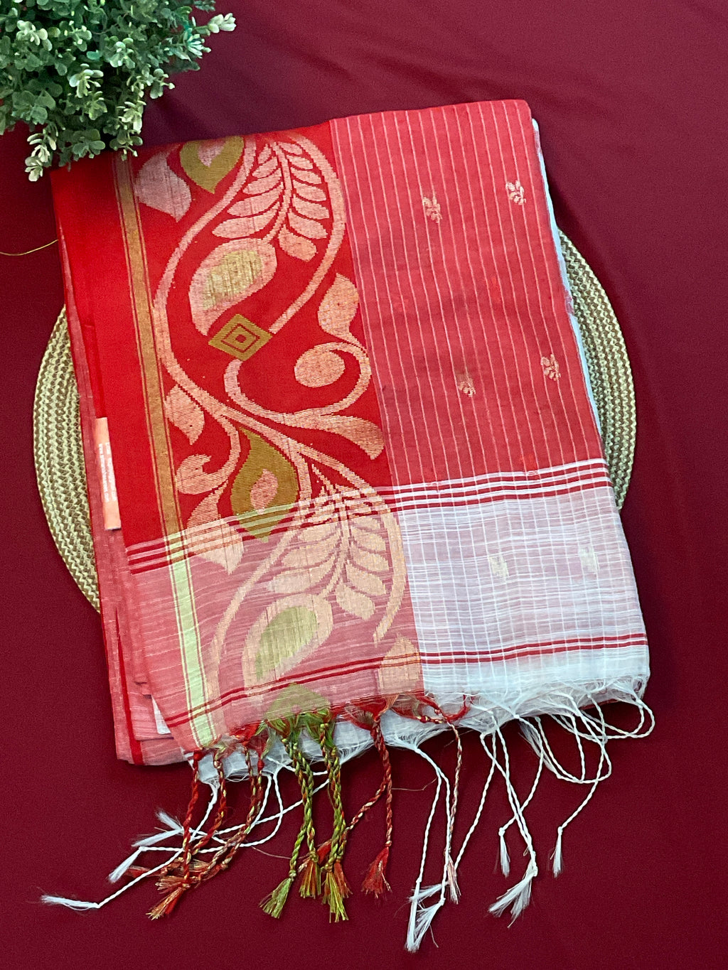 Ivory & Red Pochampally Kota Cotton Saree with Zari Buttas
