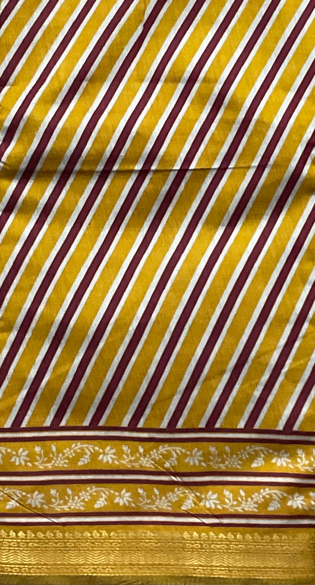 Kalamkari Leheriya Printed Soft Silk Saree in Mustard with Designer Pallu and Gold Border
