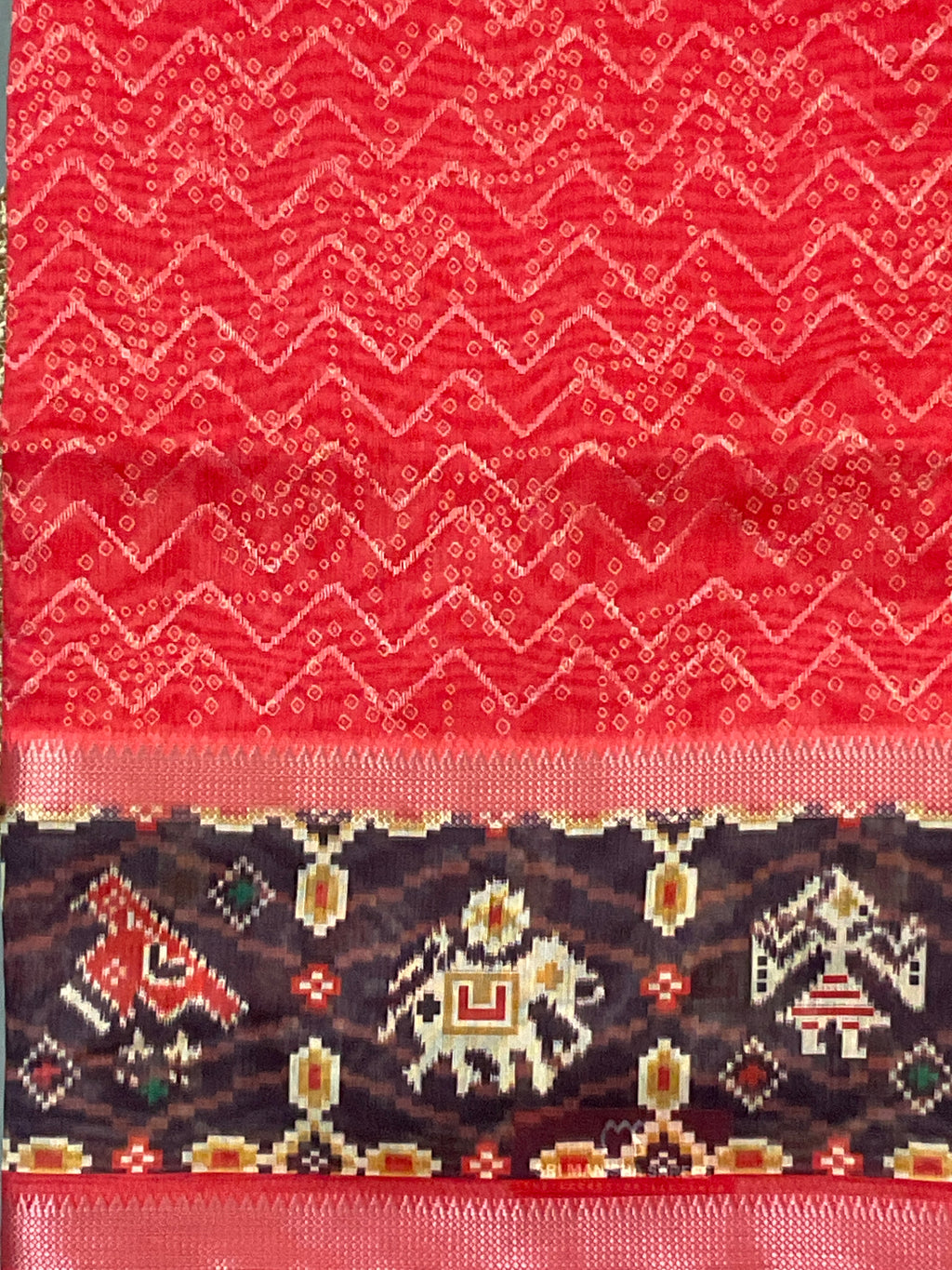 Red Kalamkari Mirror Work Soft Silk Saree with Contrast Pallu