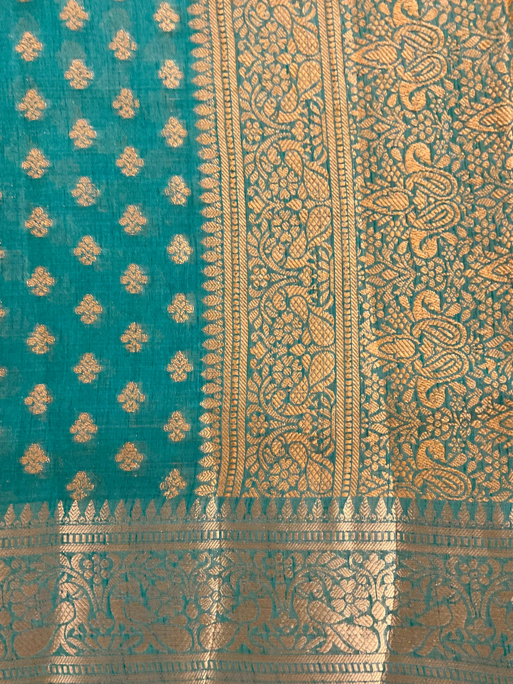 Sea green handloom cotton silk saree with zari butti