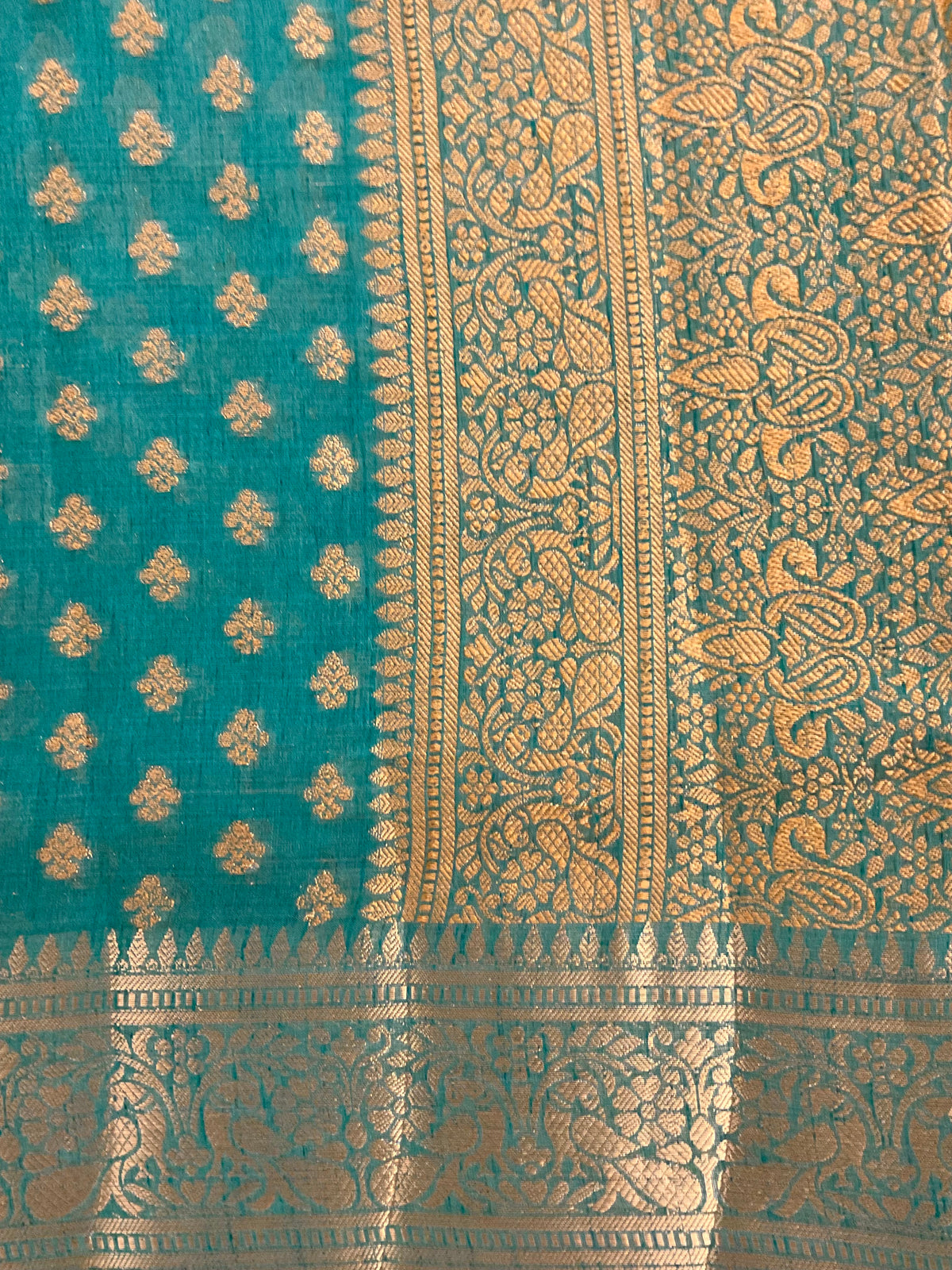 Sea green handloom cotton silk saree with zari butti