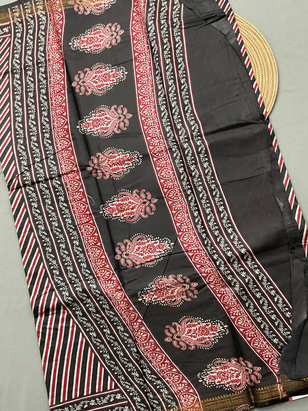 Kalamkari Leheriya Printed Soft Silk Saree in Black with Designer Pallu and Gold Border