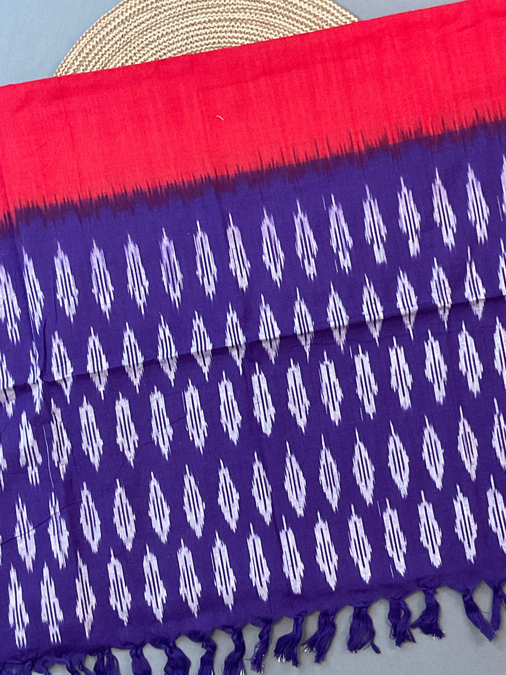 Purple & Red Pochampally Ikat Cotton Unstitched Dress Material – 3-Piece Suit