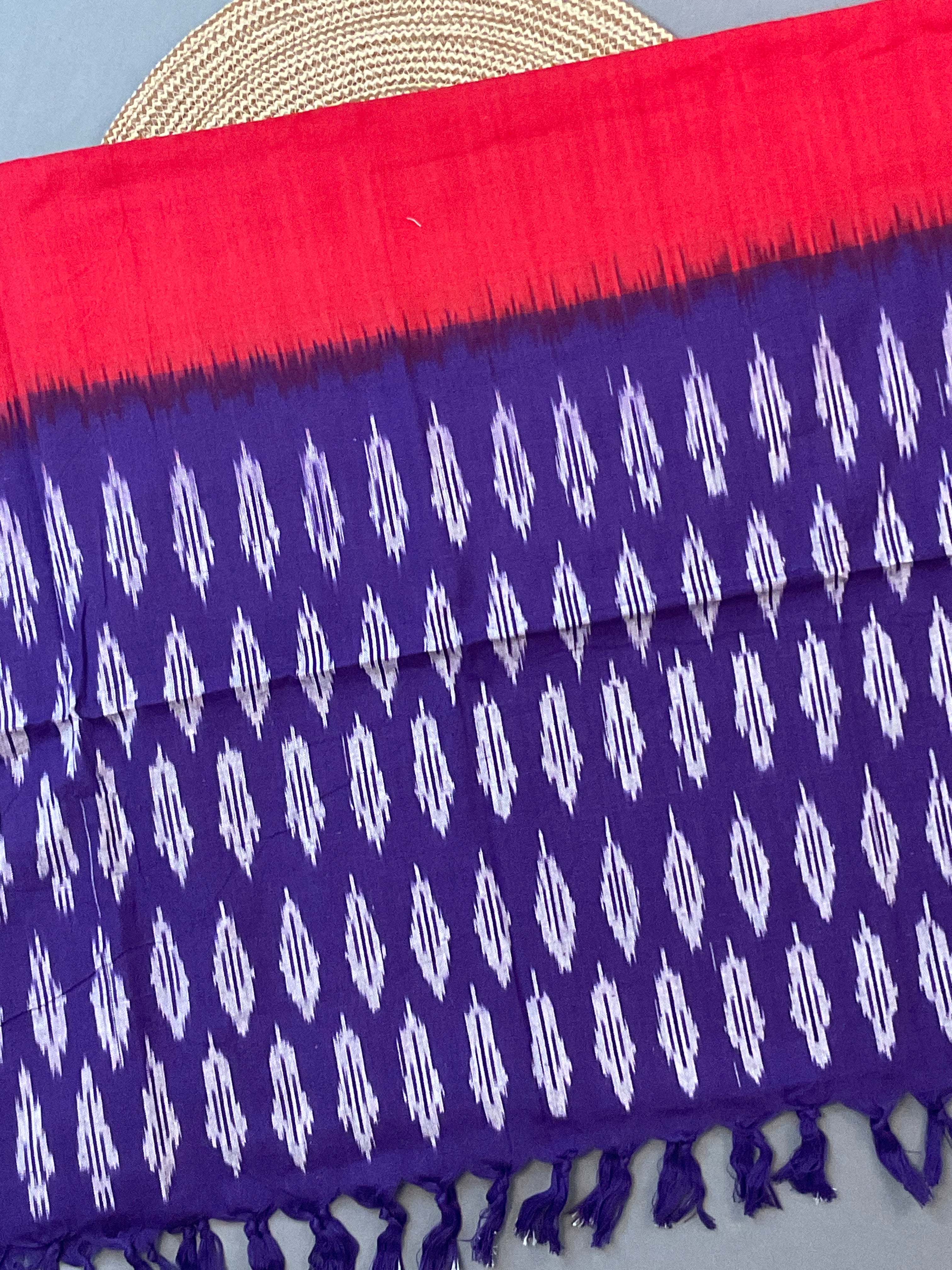 Purple & Red Pochampally Ikat Cotton Unstitched Dress Material – 3-Piece Suit
