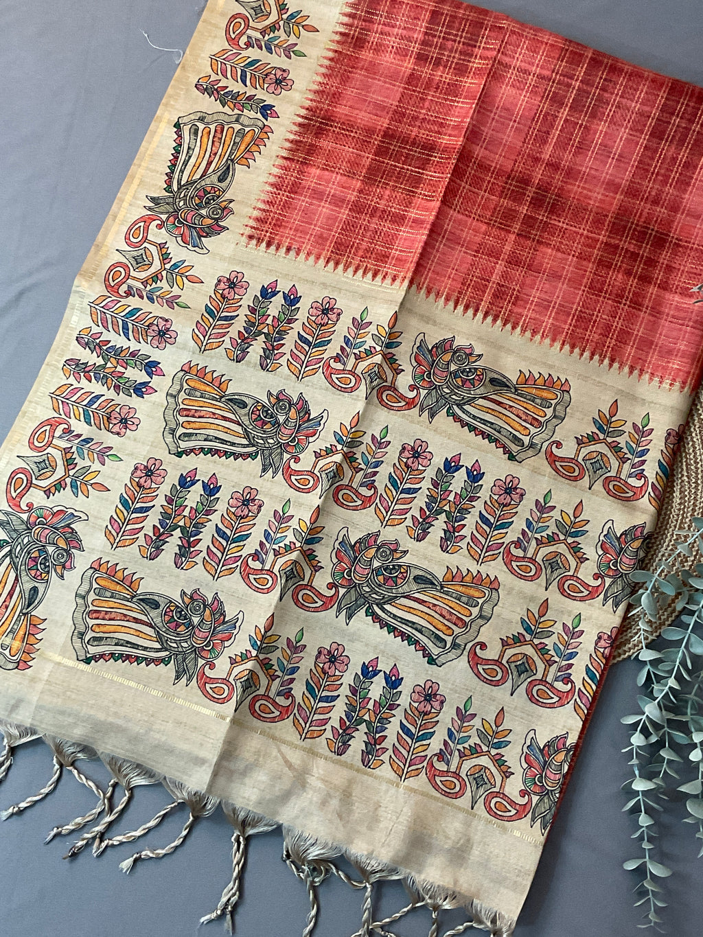 Kalamkari Hand Block Printed Handloom Silk Saree in Orange with Designer Pallu & Blouse