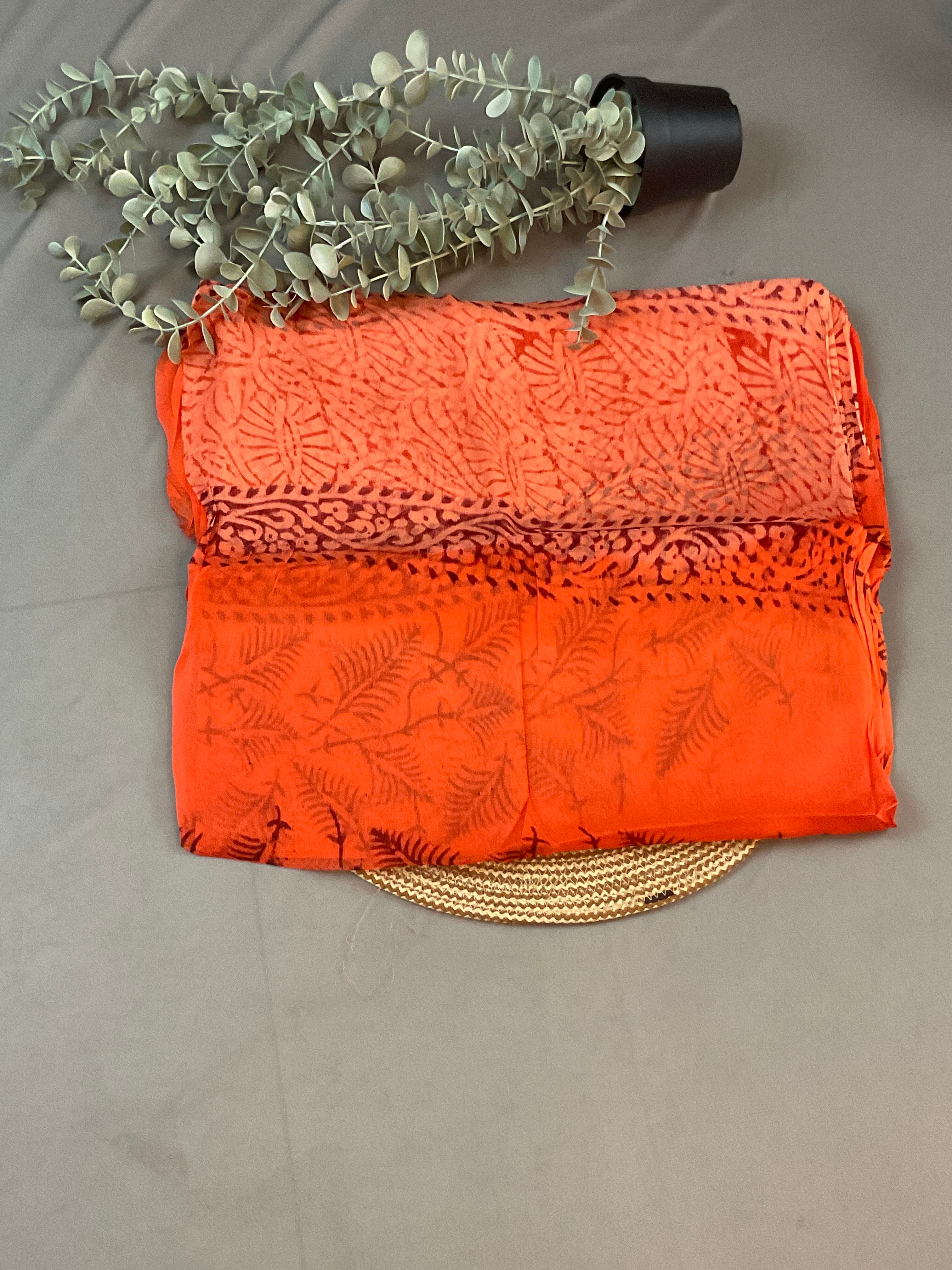 Orange Block Print Dress Material