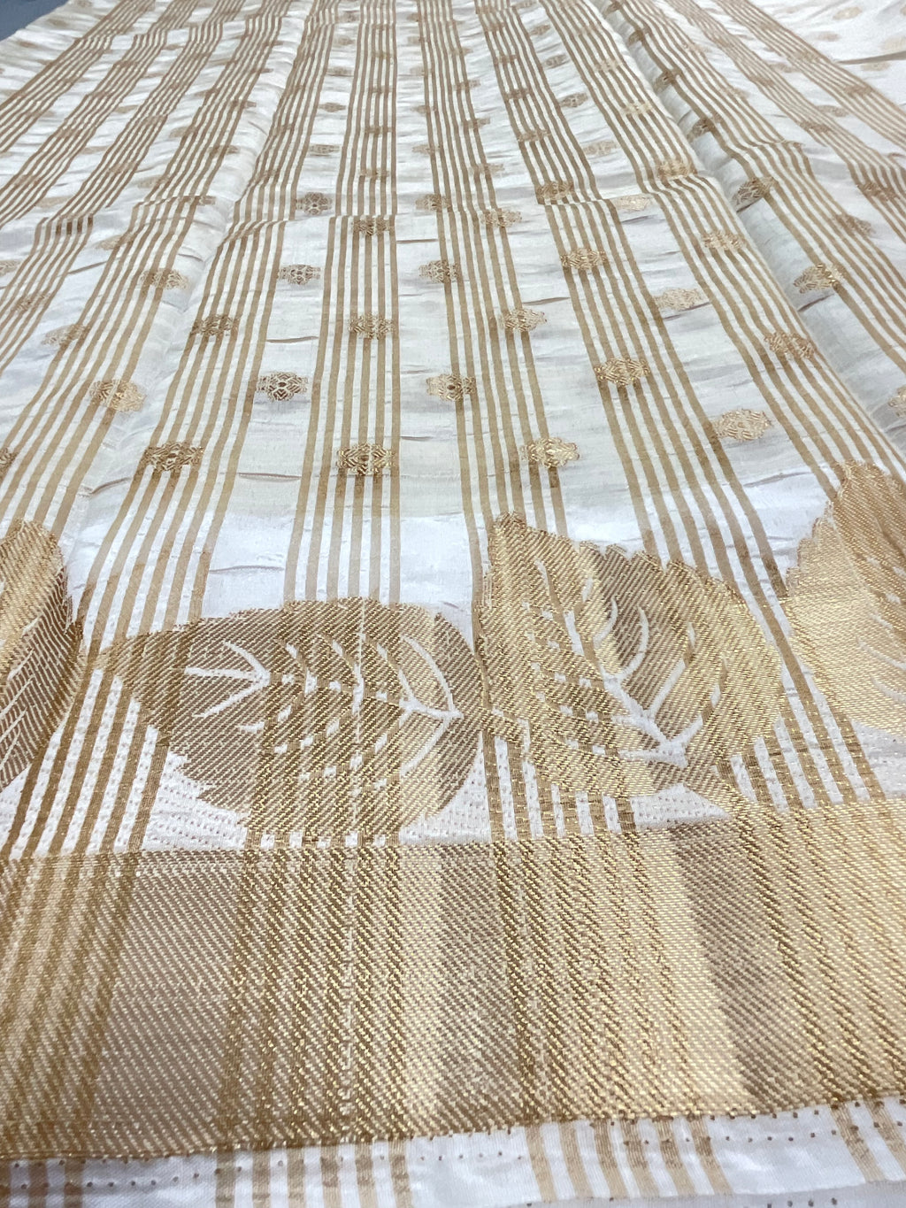 White and gold zari butti silk saree design 1