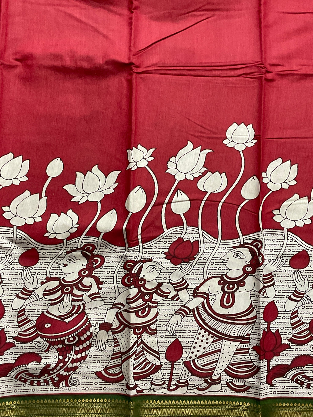 Pedana Kalamkari Hand-Block Soft Silk Saree in Deep Red with Green Designer Pallu & Gold Border