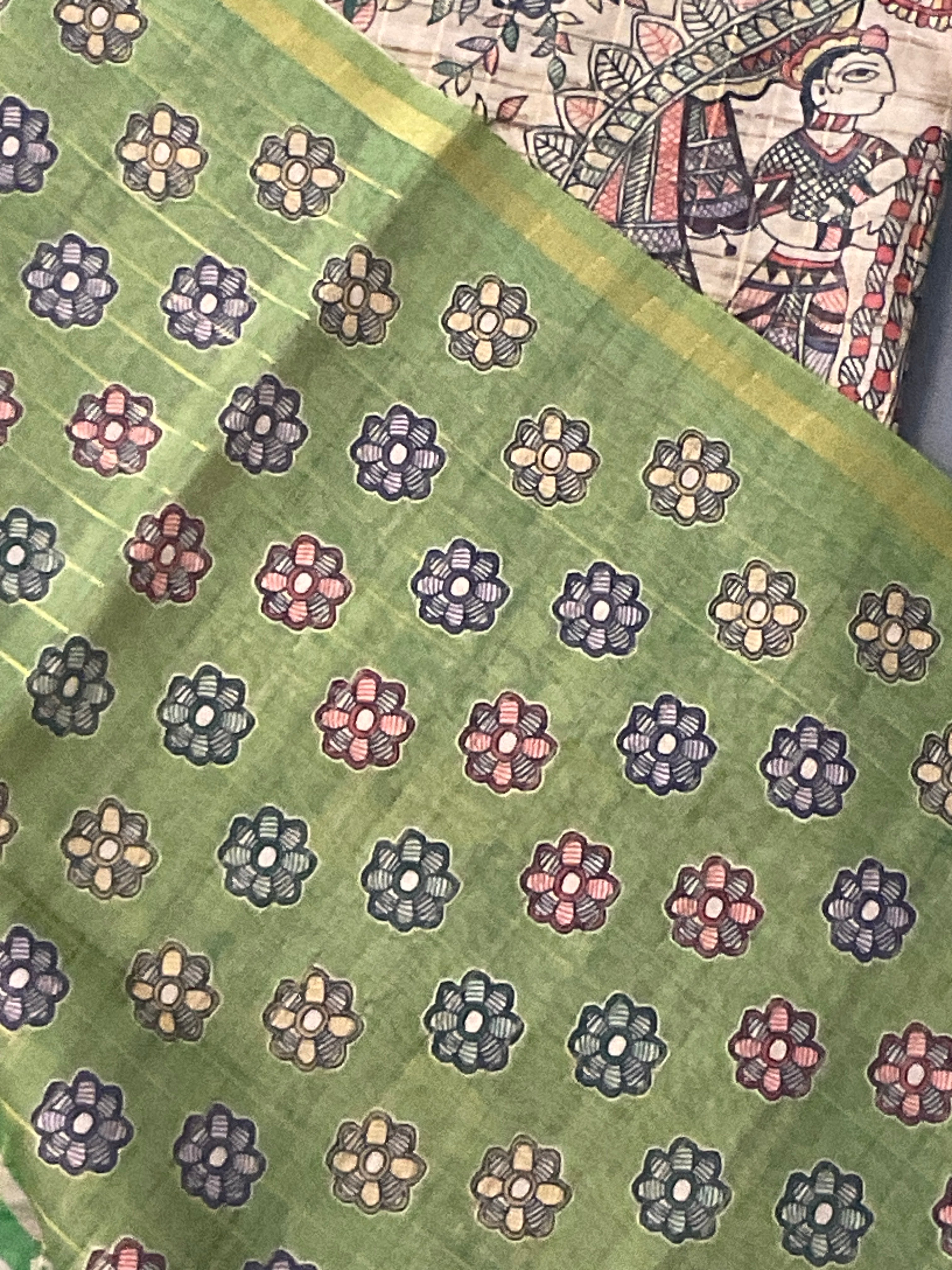 Kalamkari Hand Block Printed Handloom Silk Saree in Green with Designer Pallu & Blouse