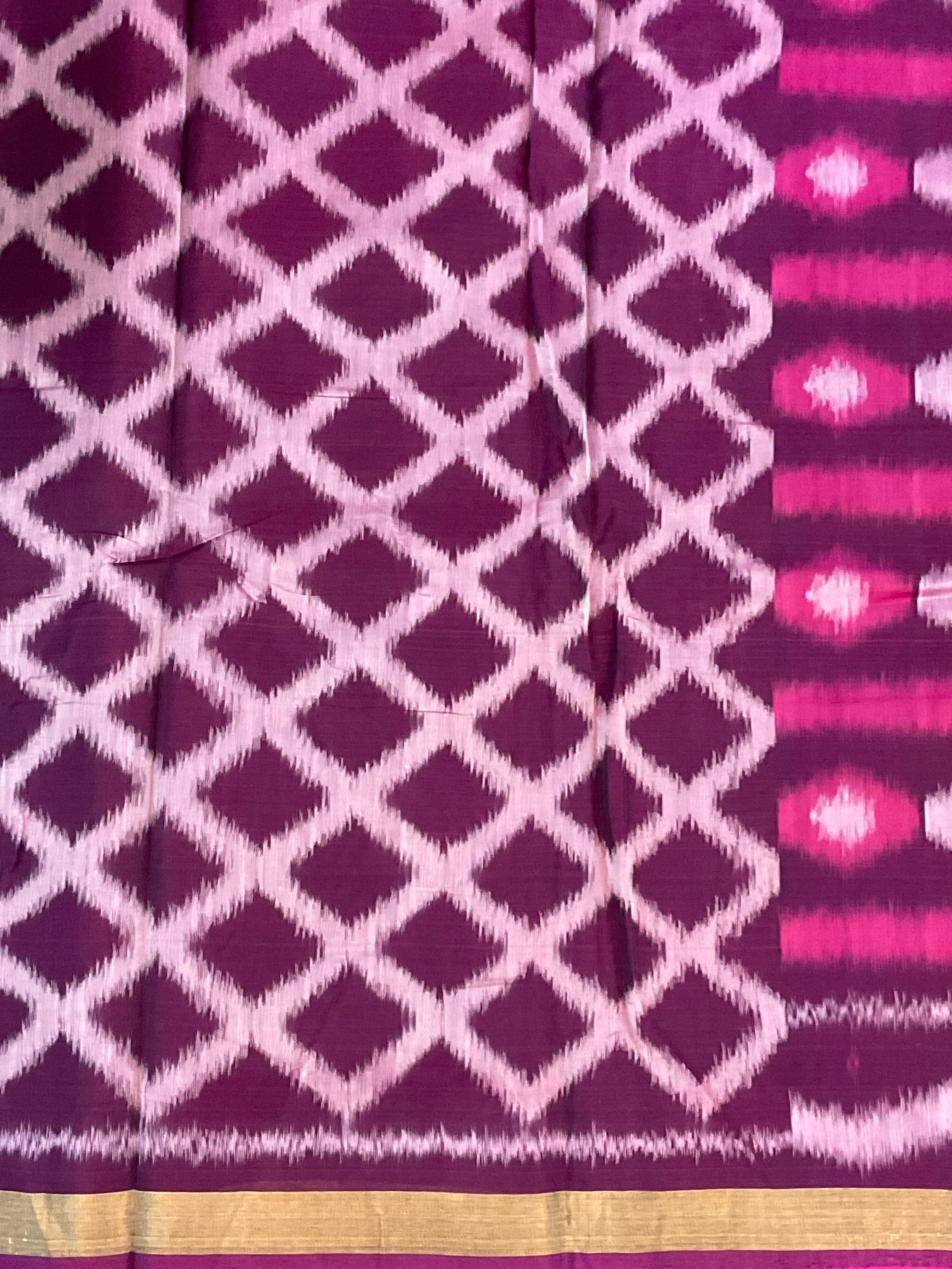 Pochampally Sico Silk saree with pink and white colour with the black weaving Pallu and a plain blouse