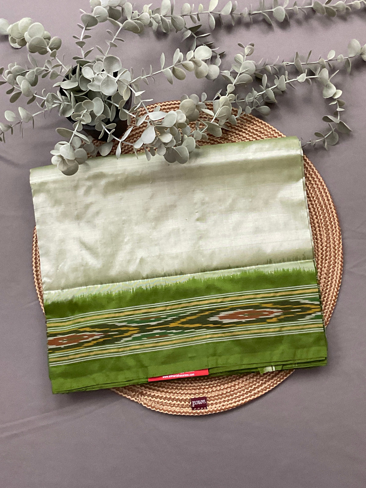 Light Green & Olive Pochampally Ikat Silk Saree — Patola Border & Pallu, Without Blouse