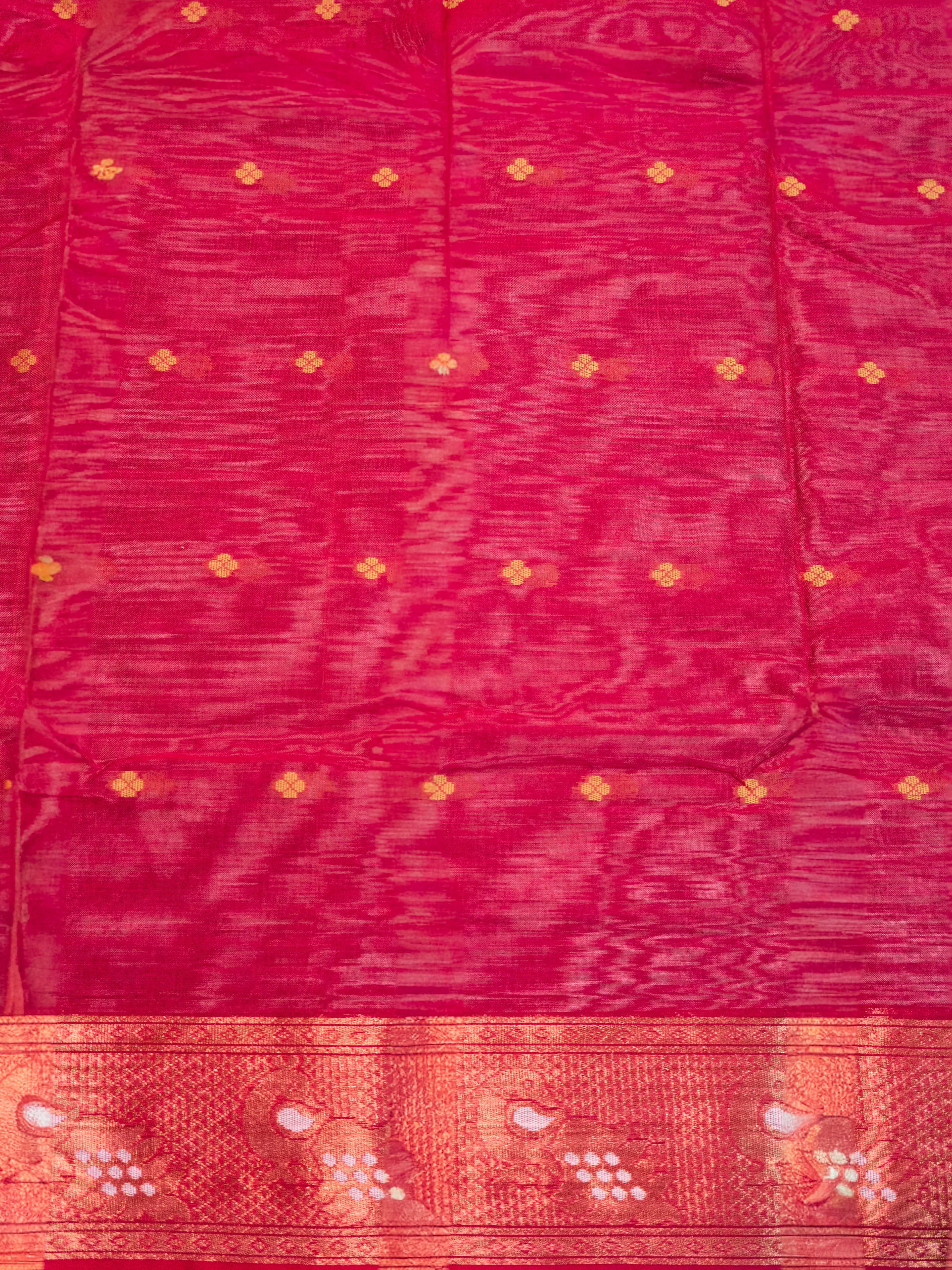 Grey Pochampally Ikat Cotton Saree with Rani Pink Peacock border pallu
