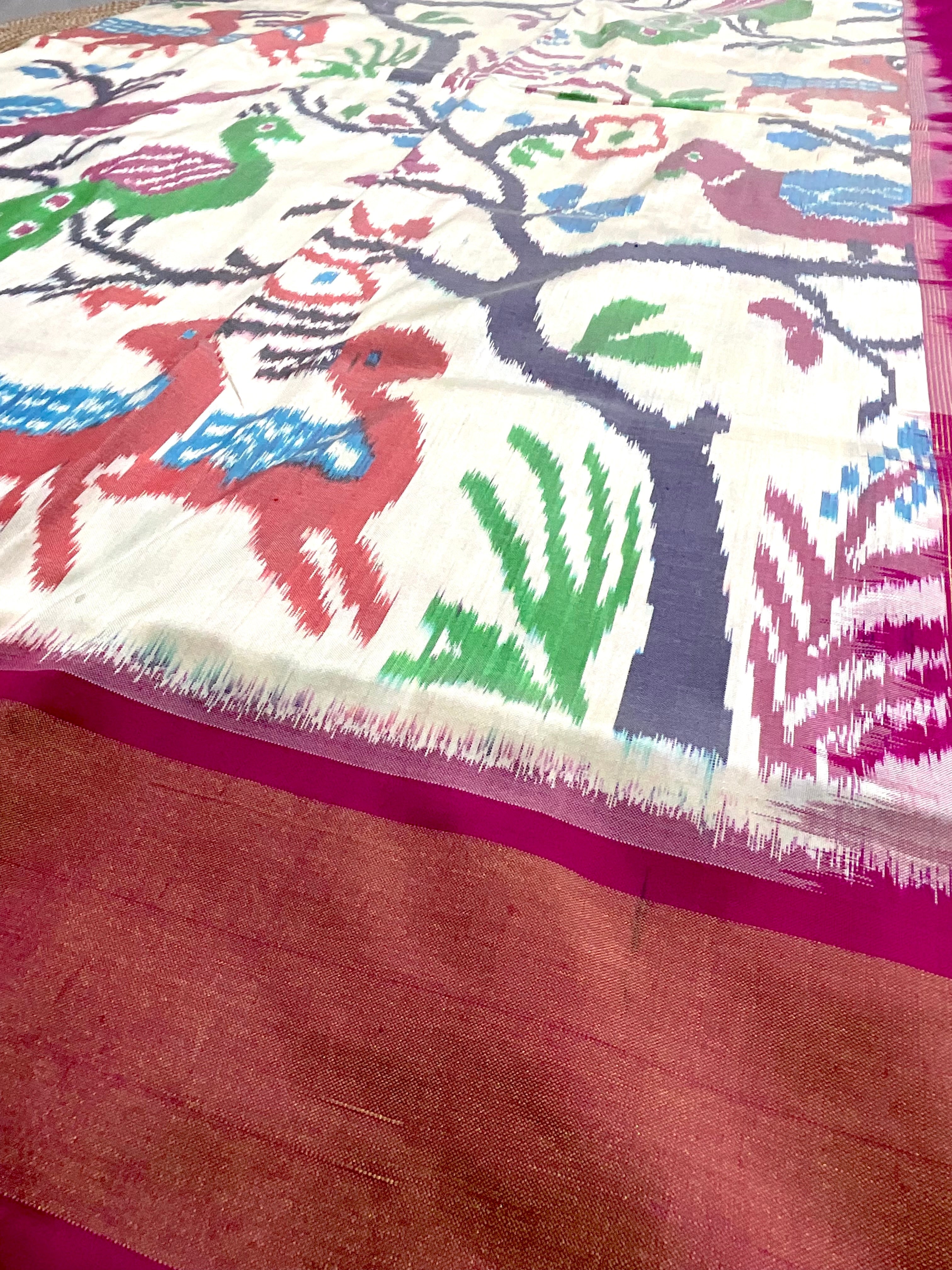 Pure Pochampally Double Ikat Silk Saree in White with Contrast Pink Zari Pallu & Blouse