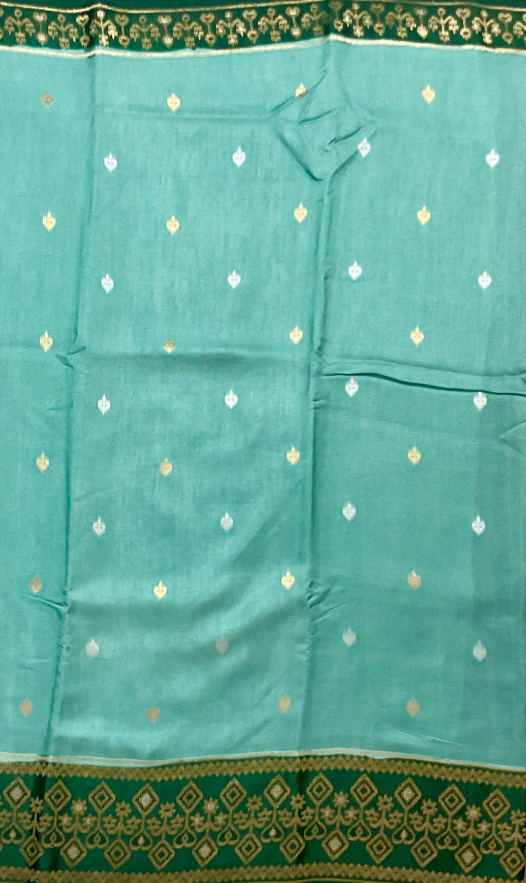 Sea Green Banarasi Handloom Silk Saree with Ikat Border — Dark Green Contrast Pallu & Designer Blouse