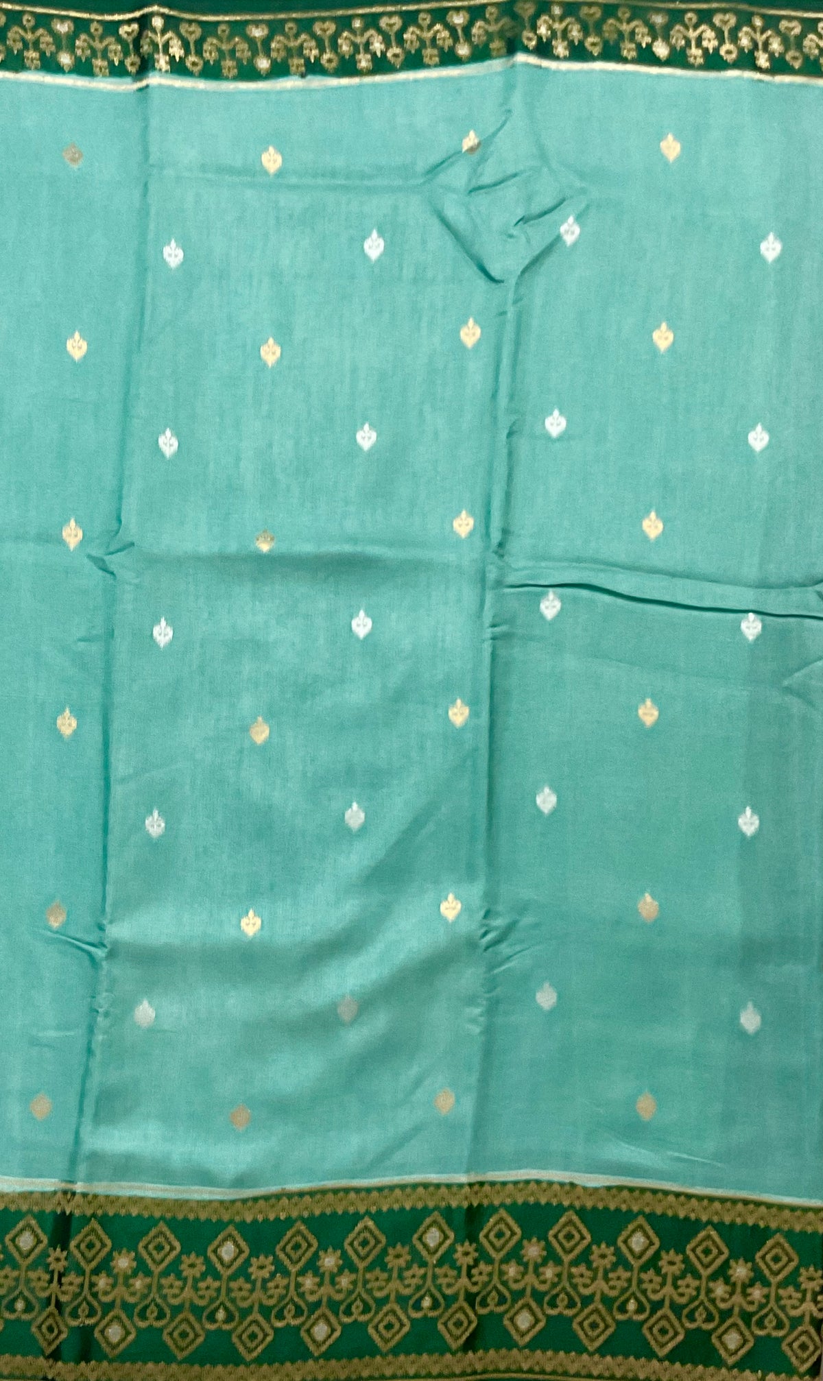 Sea Green Banarasi Handloom Silk Saree with Ikat Border — Dark Green Contrast Pallu & Designer Blouse