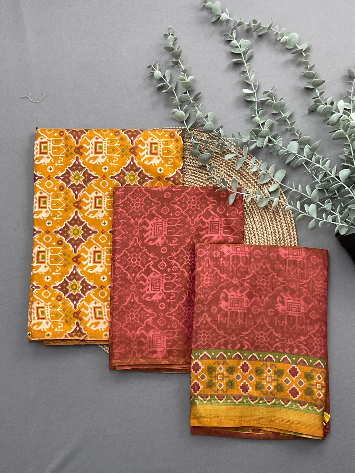 Multicolour patola print soft silk dress material with mustard designer dupatta and bottom - full 3 piece set