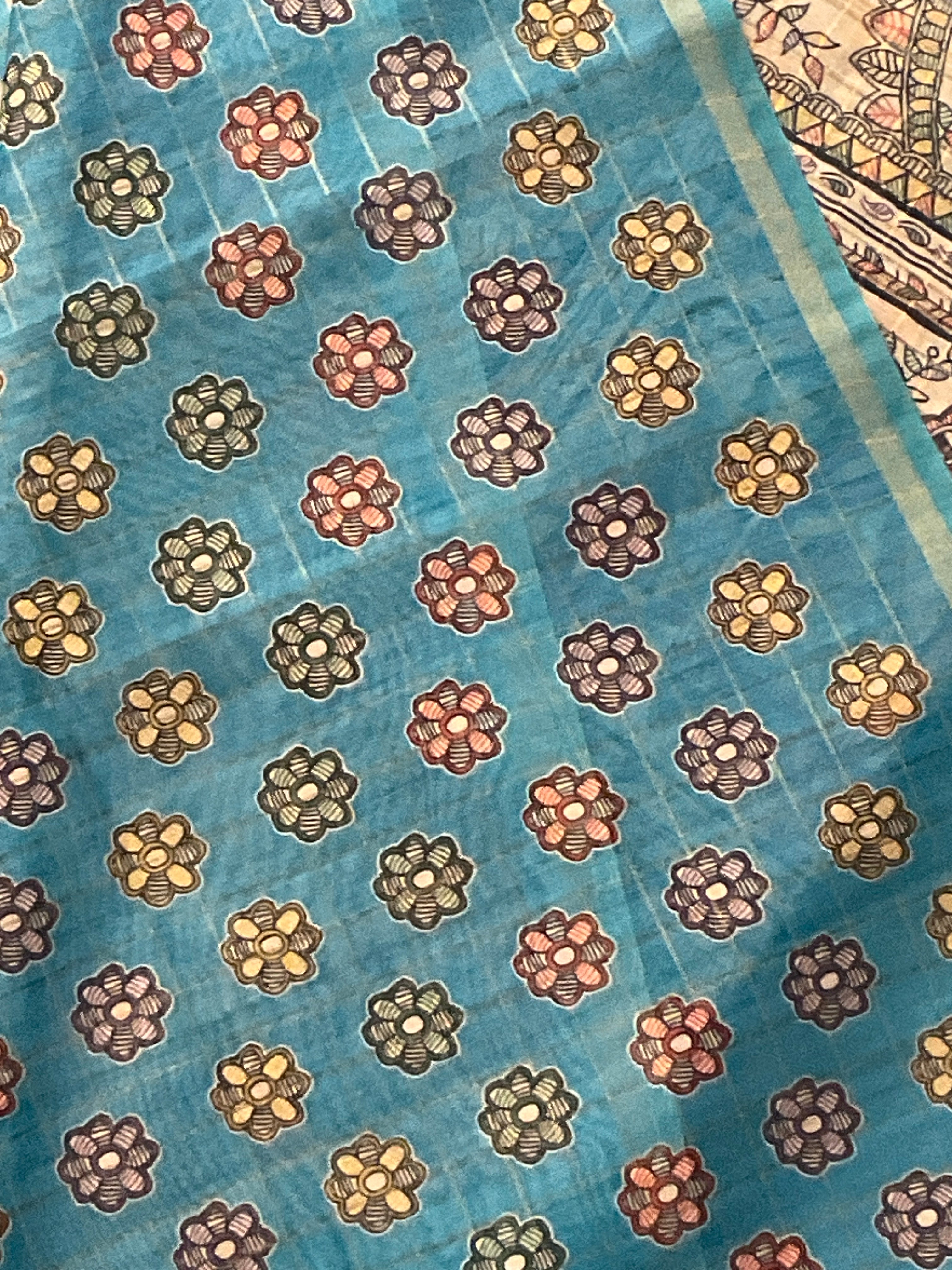 Kalamkari Hand Block Printed Handloom Silk Saree in Sky Blue with Designer Pallu & Blouse