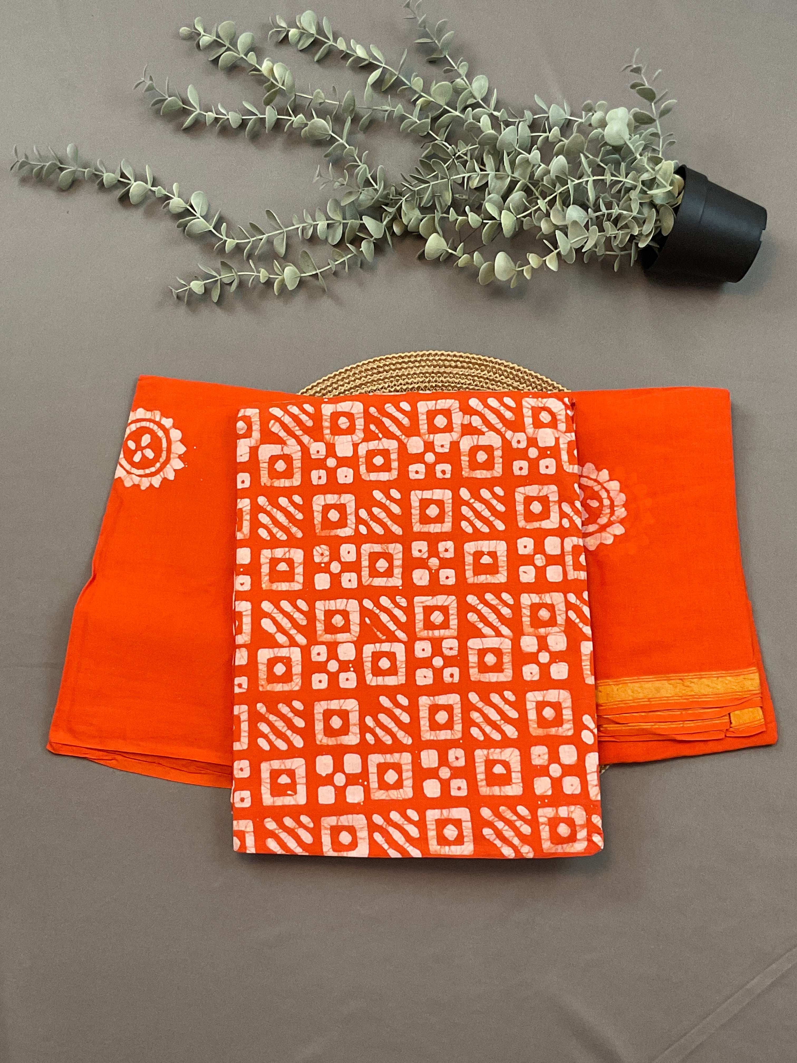 Orange Hand Batik Print Cotton Dress Material – Unstitched 3-Piece Suit