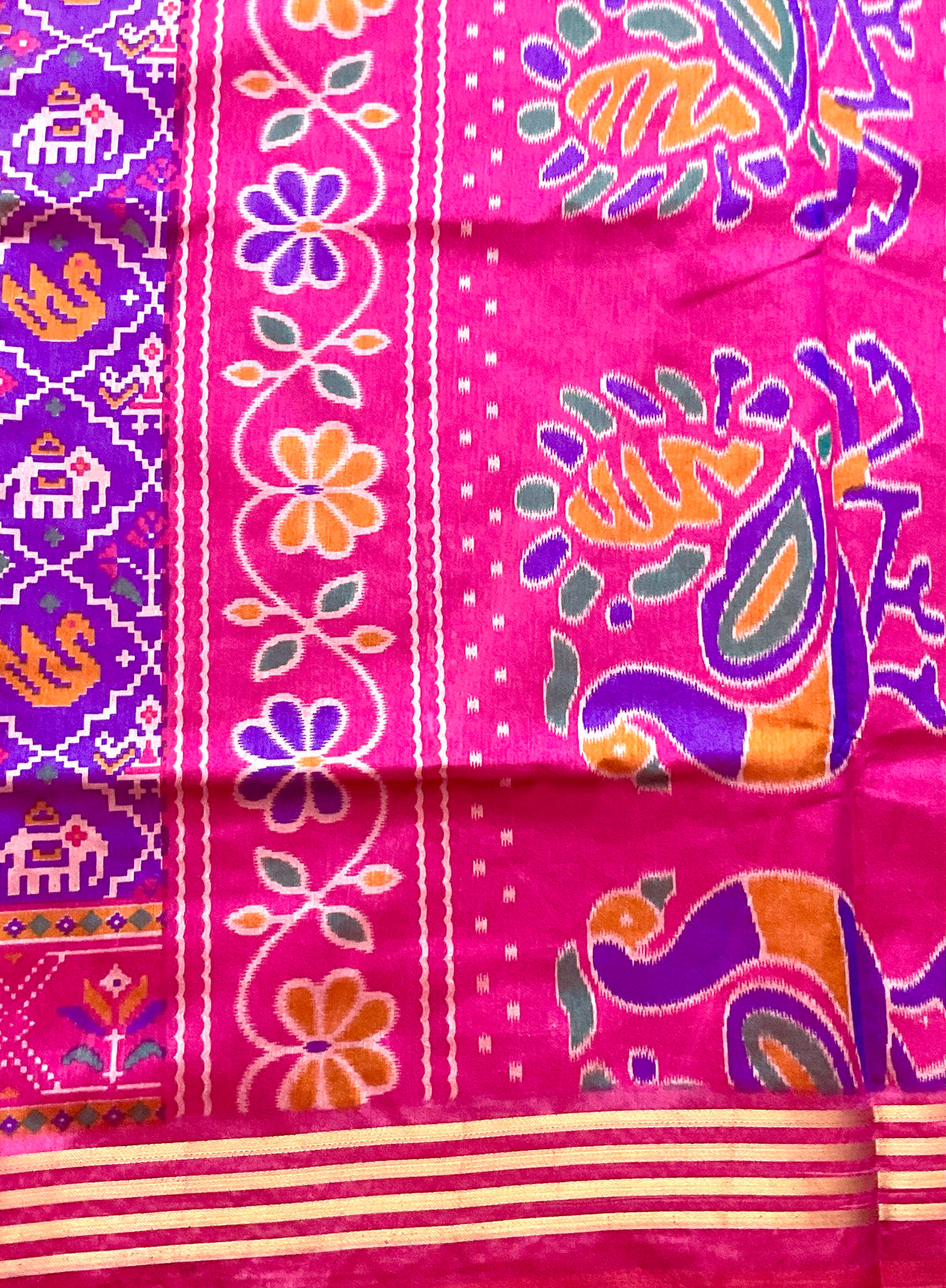 Pochampally Cotton Silk Ikkat Patola Print Saree in Purple with Rani Pink Designer Pallu