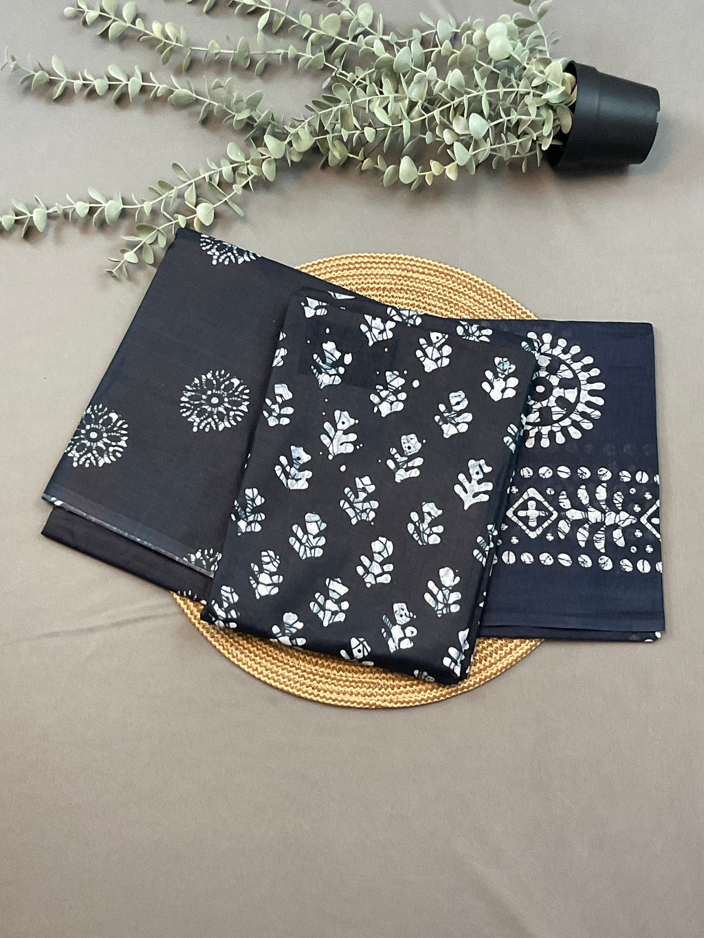 Navy Blue Hand Batik Print Cotton Dress Material – Unstitched 3-Piece Suit