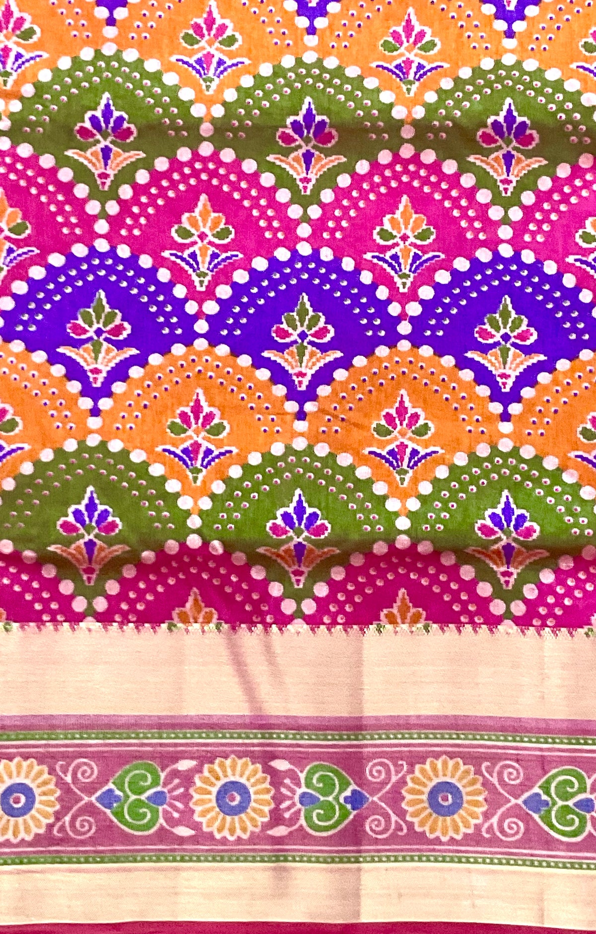 Handprinted Pochampally Patola Cotton Silk Saree in Multicolour with Pink Patola Pallu
