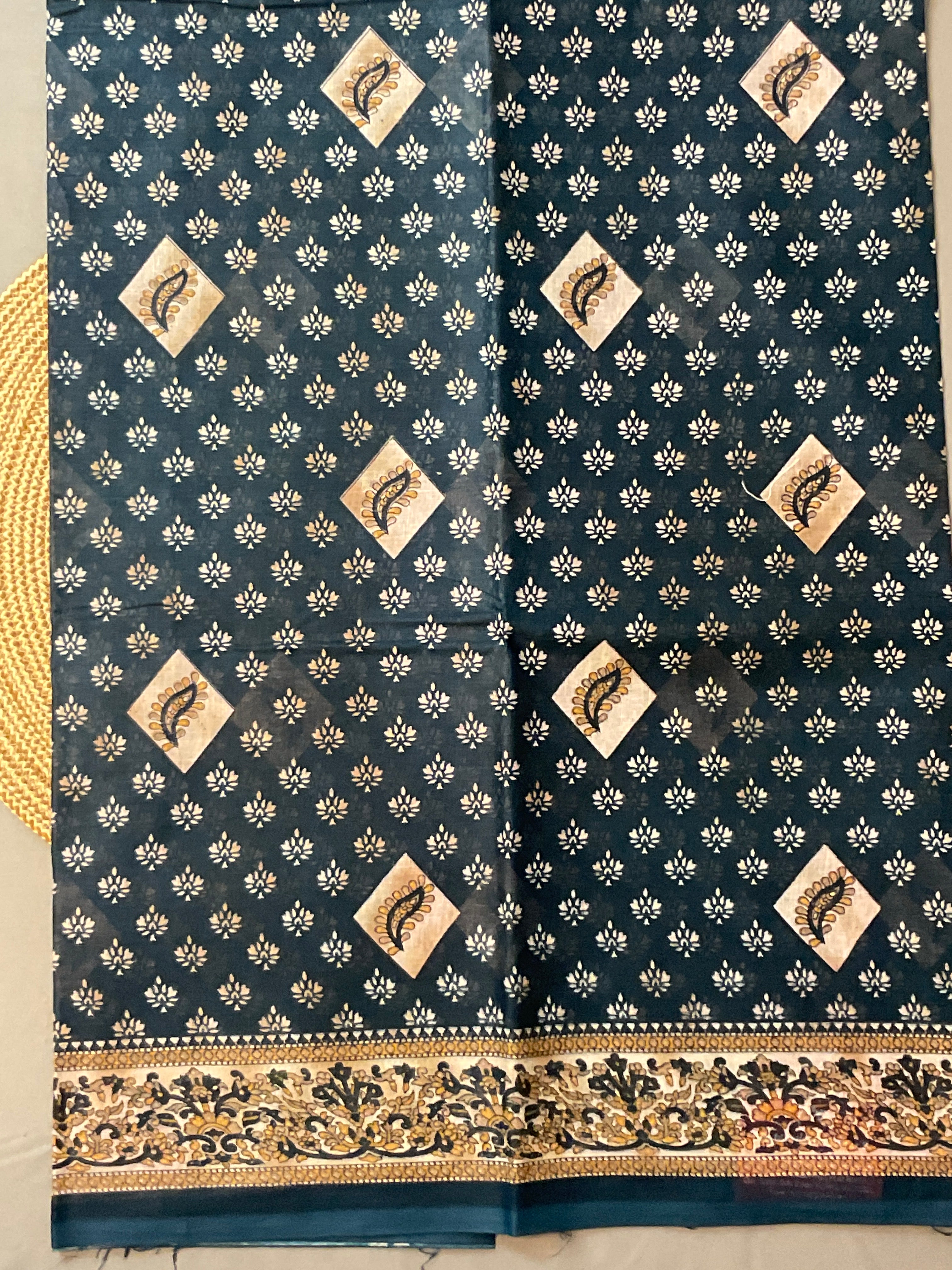 Dark Blue Floral Printed Cotton Saree with Blouse