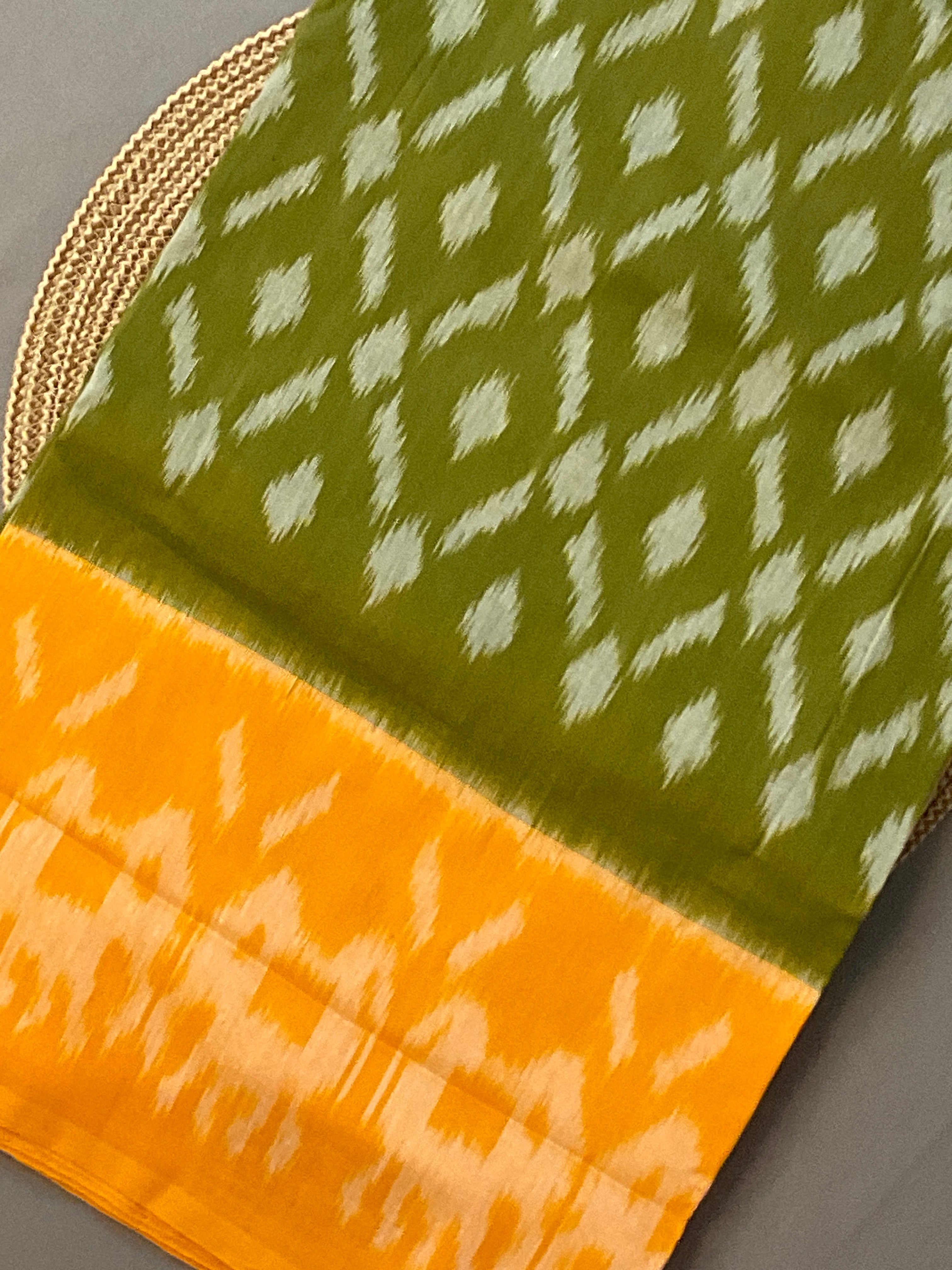 Green & Yellow Pochampally Ikat Handloom Cotton Saree with Contrast Pallu – Without Blouse