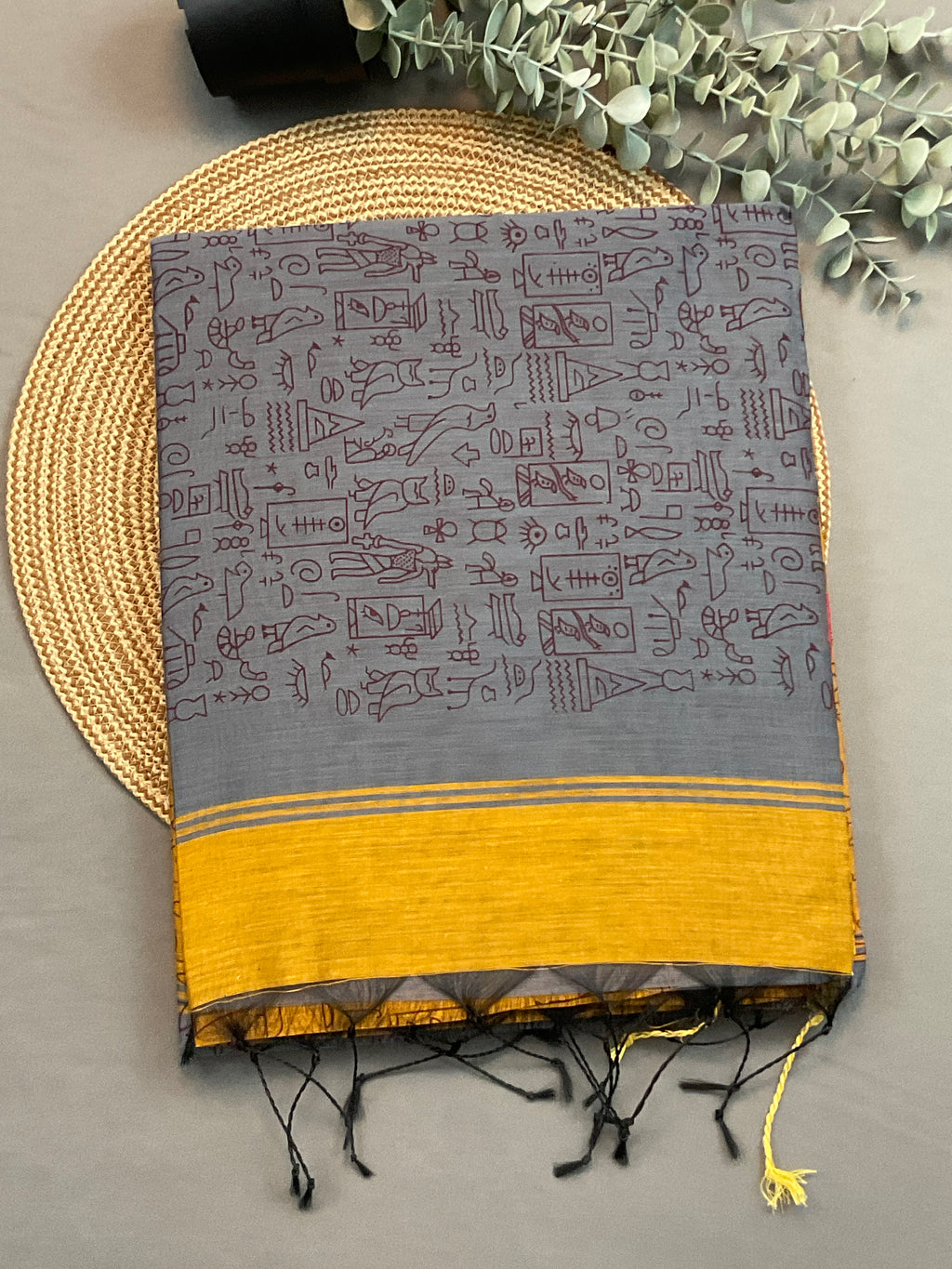 Handloom cotton silk saree in Kalamkari Vareli printing all over with blouse — mustard saree with grey pallu