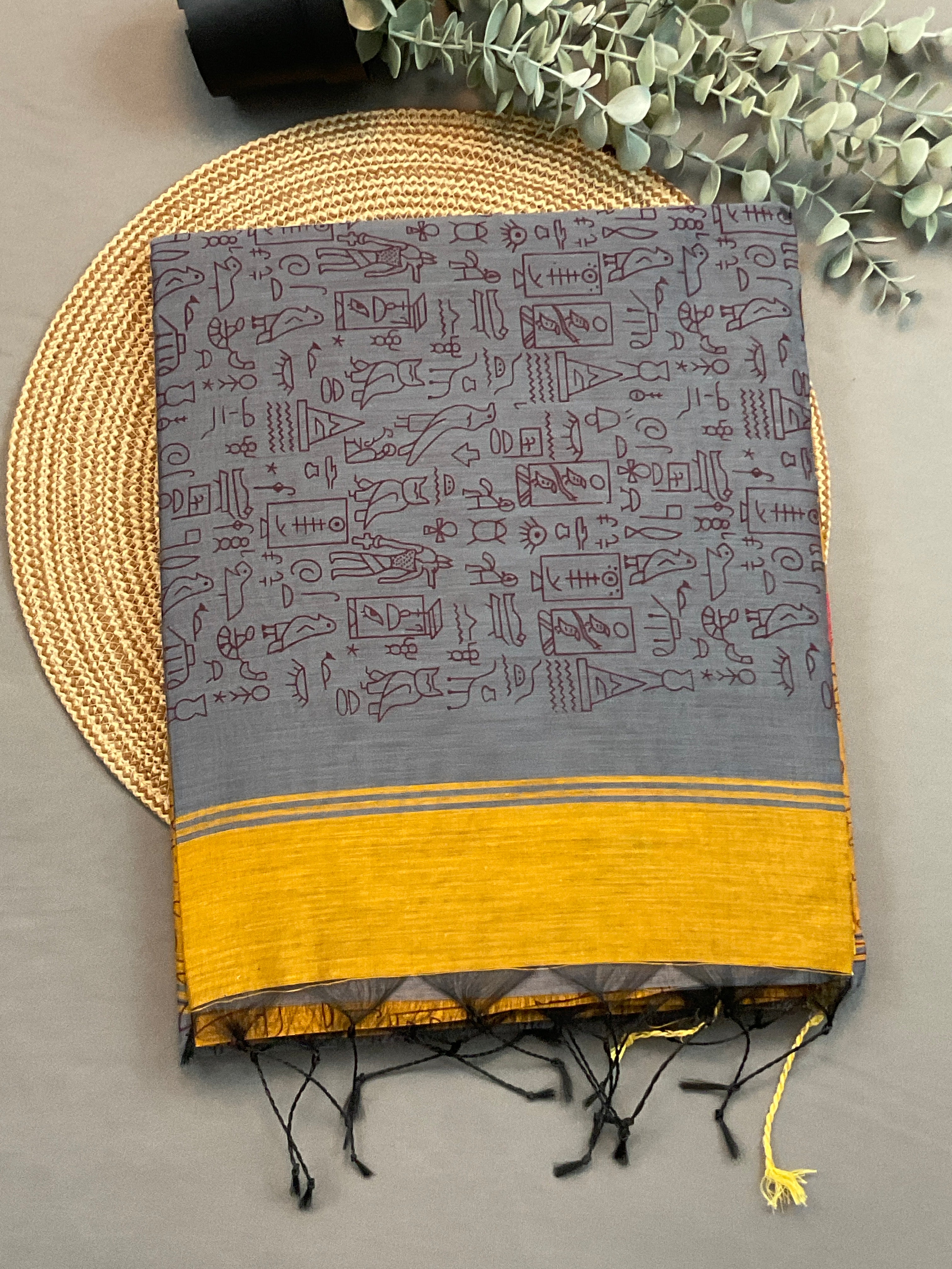 Handloom cotton silk saree in Kalamkari Vareli printing all over with blouse — mustard saree with grey pallu