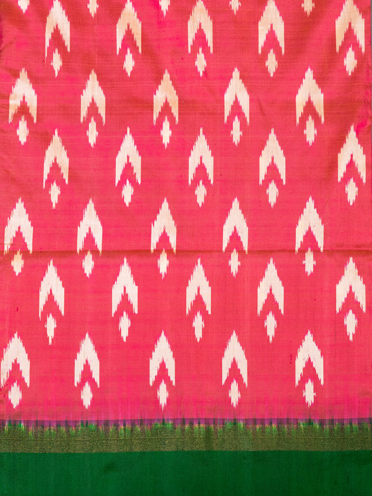 Hot Pink Pochampally Double Ikat Pure Silk Saree — Green Ikat Border & Pallu, Green Zari Blouse