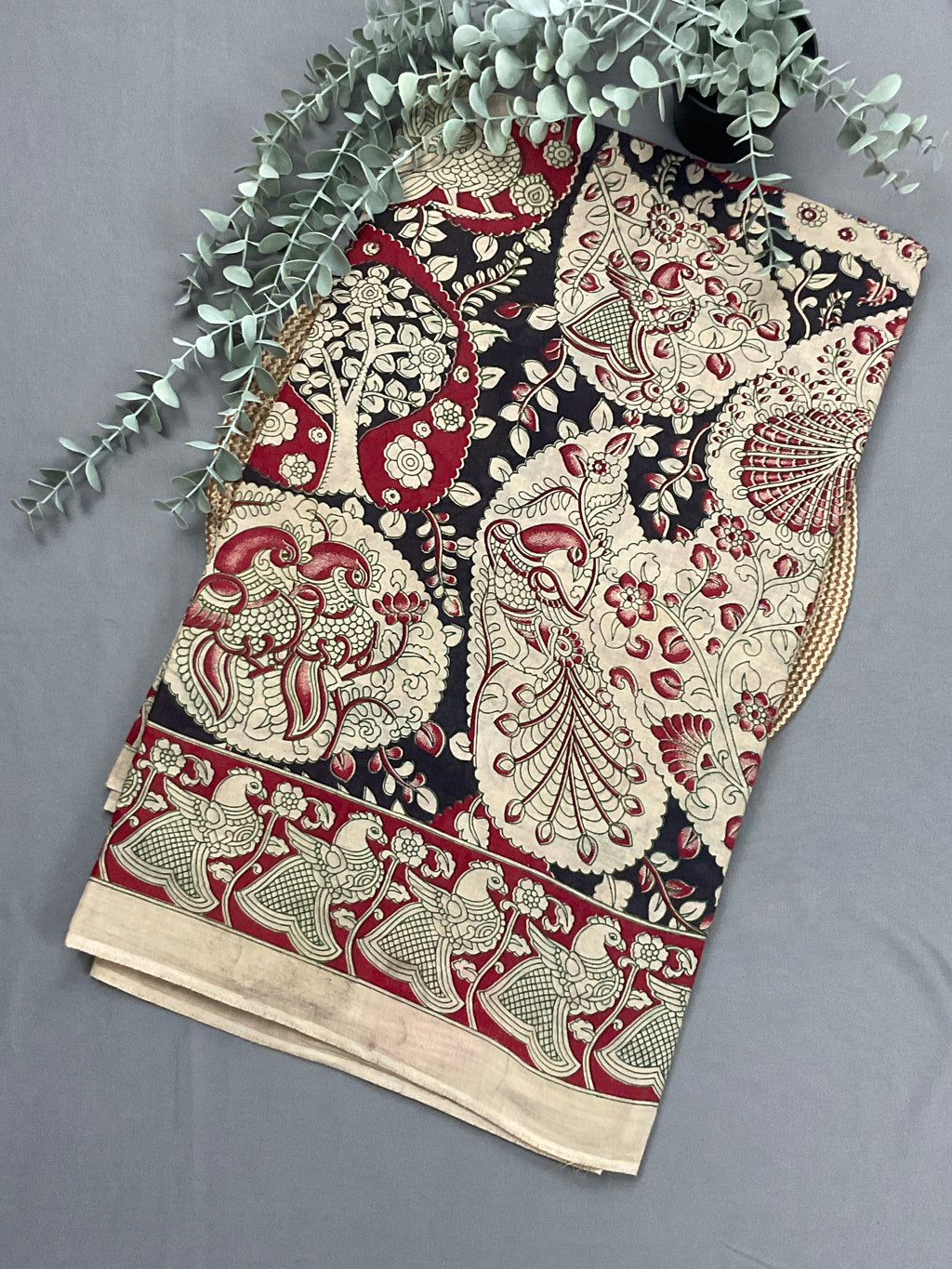 Kalamkari Hand Block Print Mul Cotton Saree – Black | With Blouse Piece