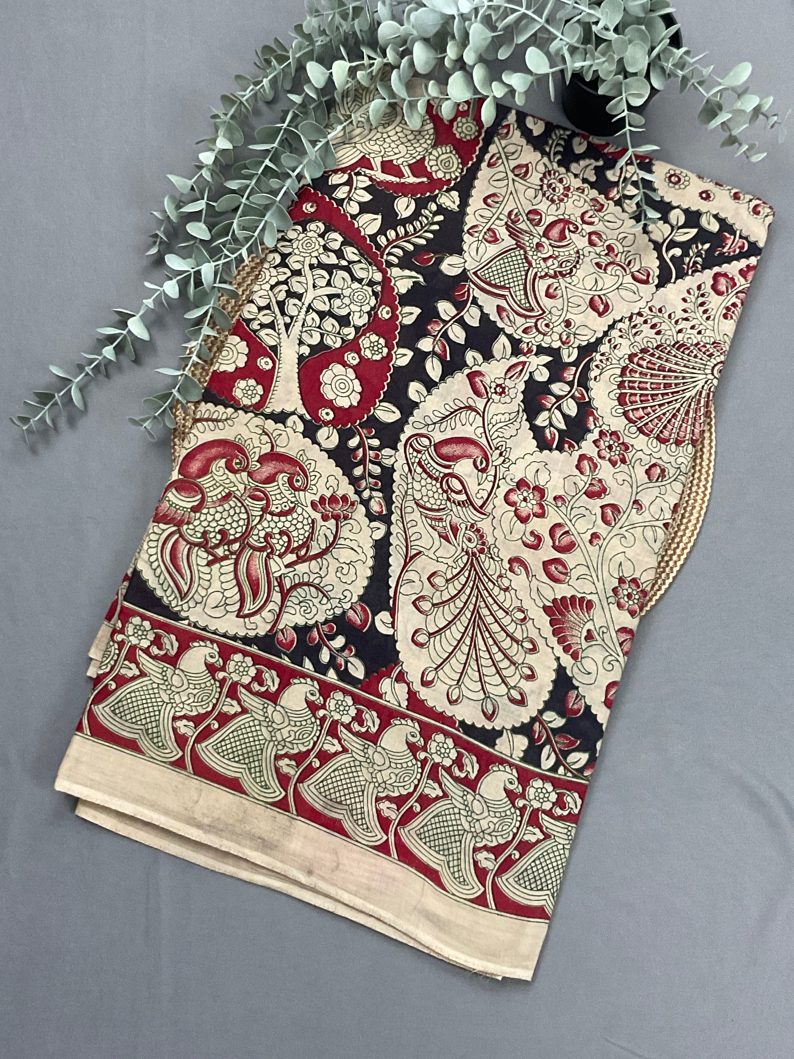 Kalamkari Hand Block Print Mul Cotton Saree – Black | With Blouse Piece