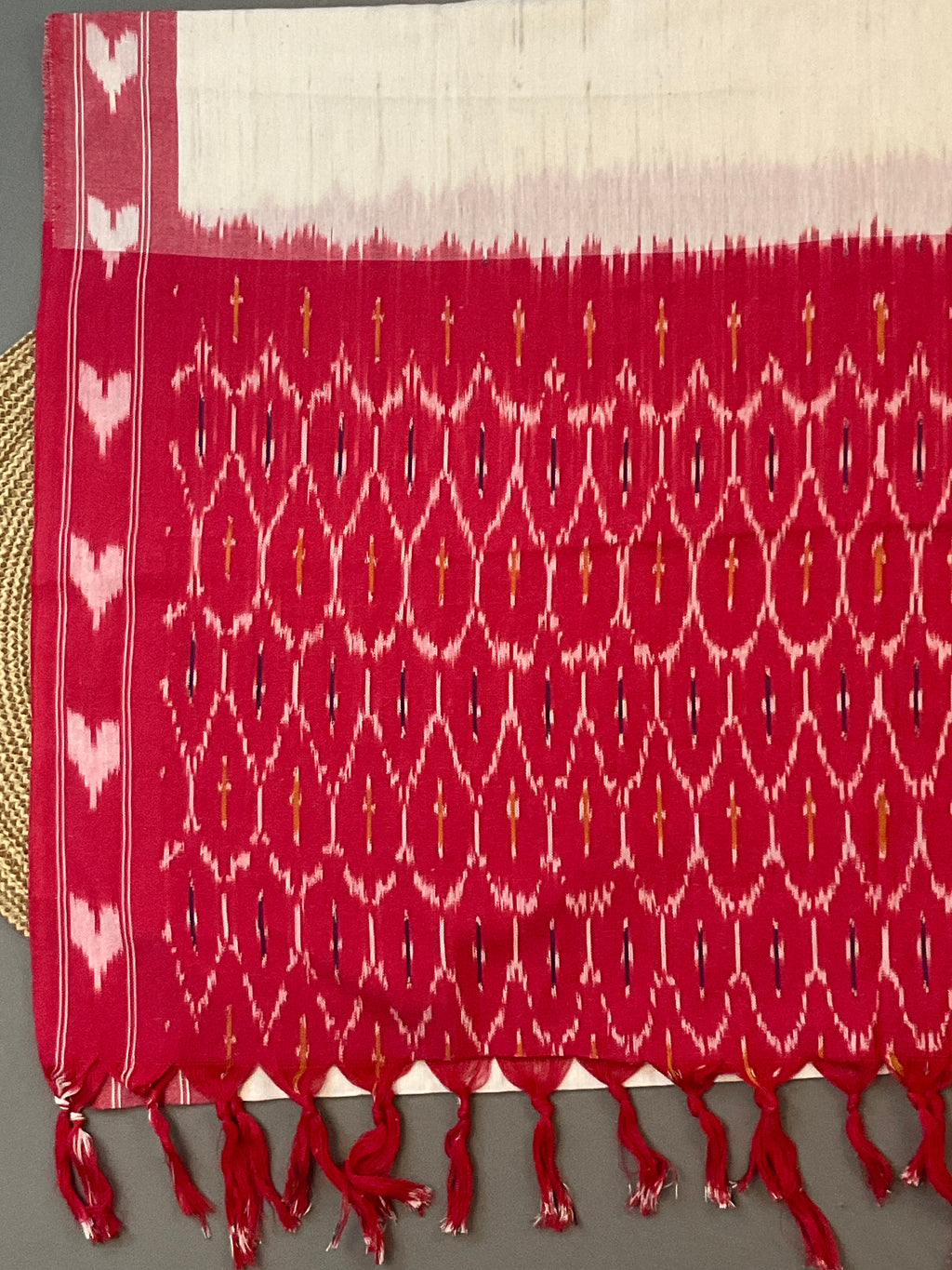 Pink & White Pochampally Ikat Cotton Unstitched Dress Material – 3-Piece Suit