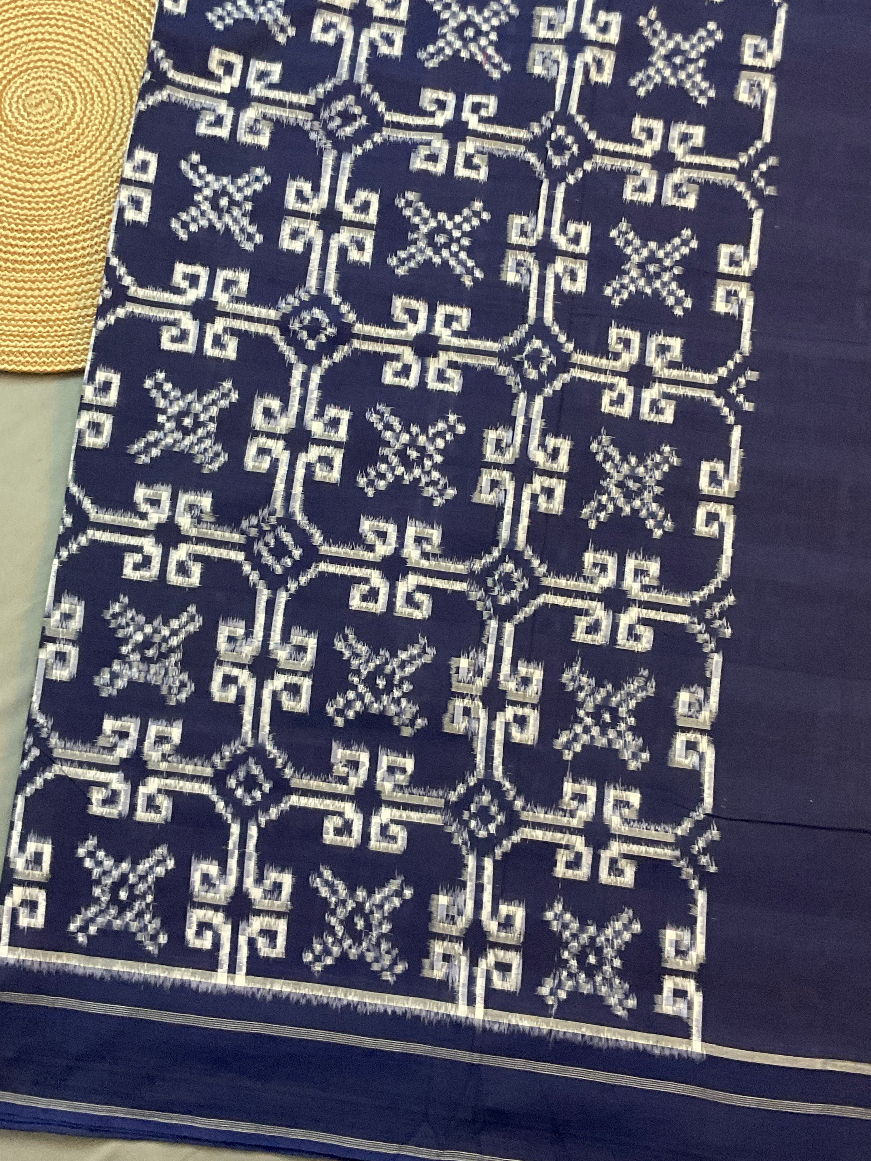 Pochampally Mercerised Handloom Cotton Saree with Designer Blue Pallu & Blouse