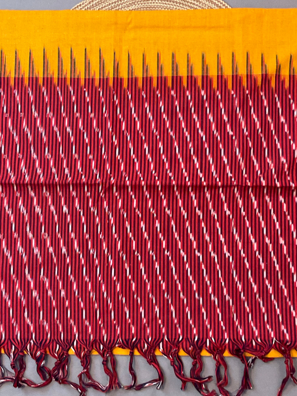 Red & Yellow Pochampally Ikat Cotton Unstitched Dress Material – 3-Piece Suit