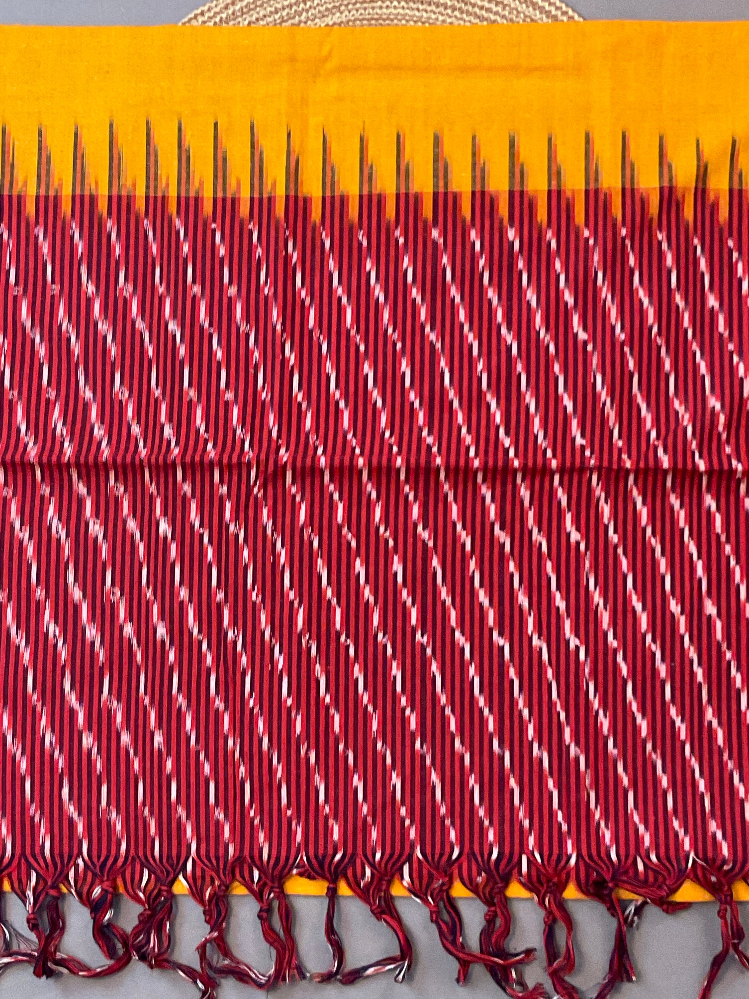 Red & Yellow Pochampally Ikat Cotton Unstitched Dress Material – 3-Piece Suit