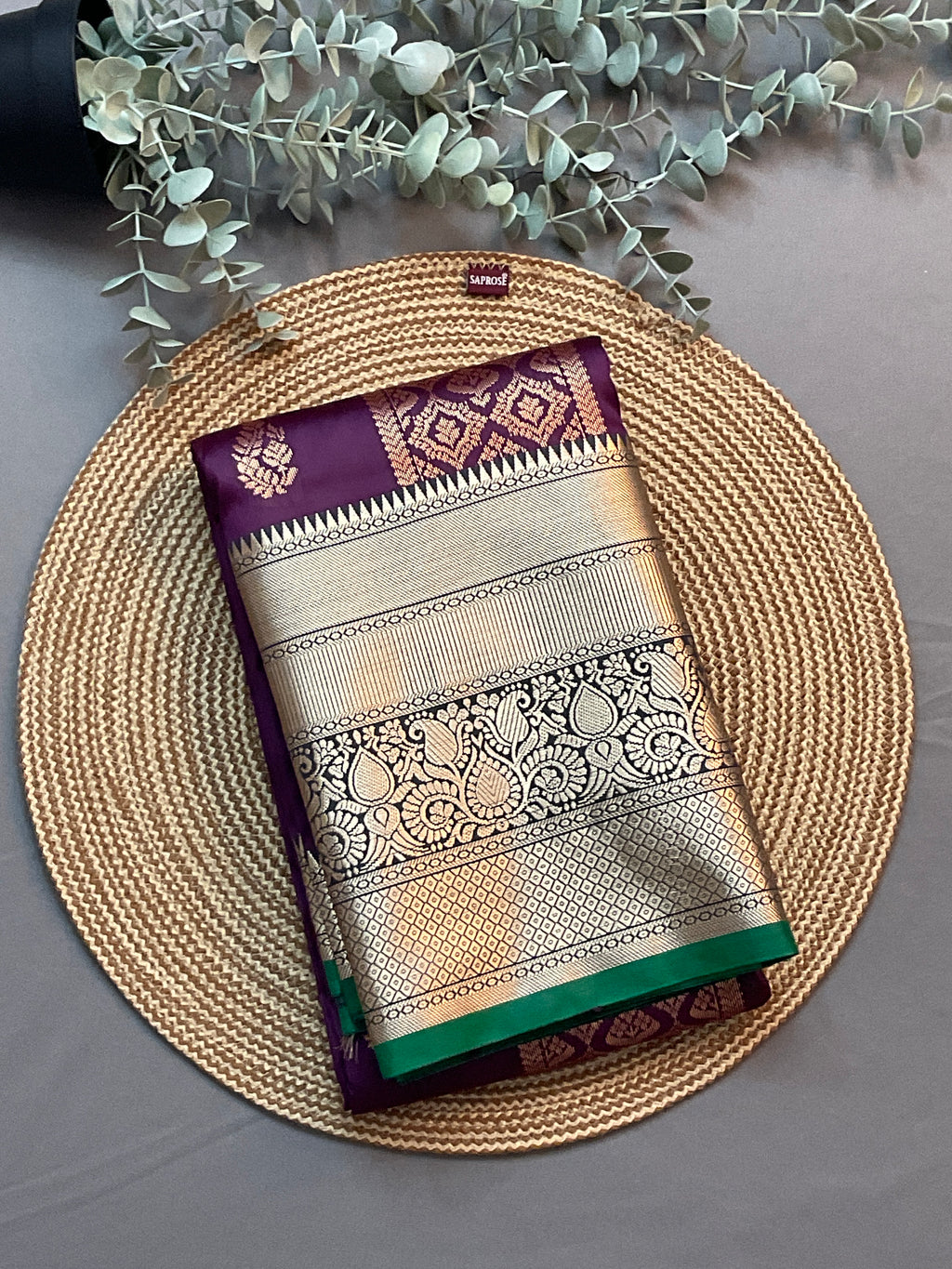 Kanchipuram Pattu Silk Saree in Purple with Contrast Pallu & Kanchi Border Blouse