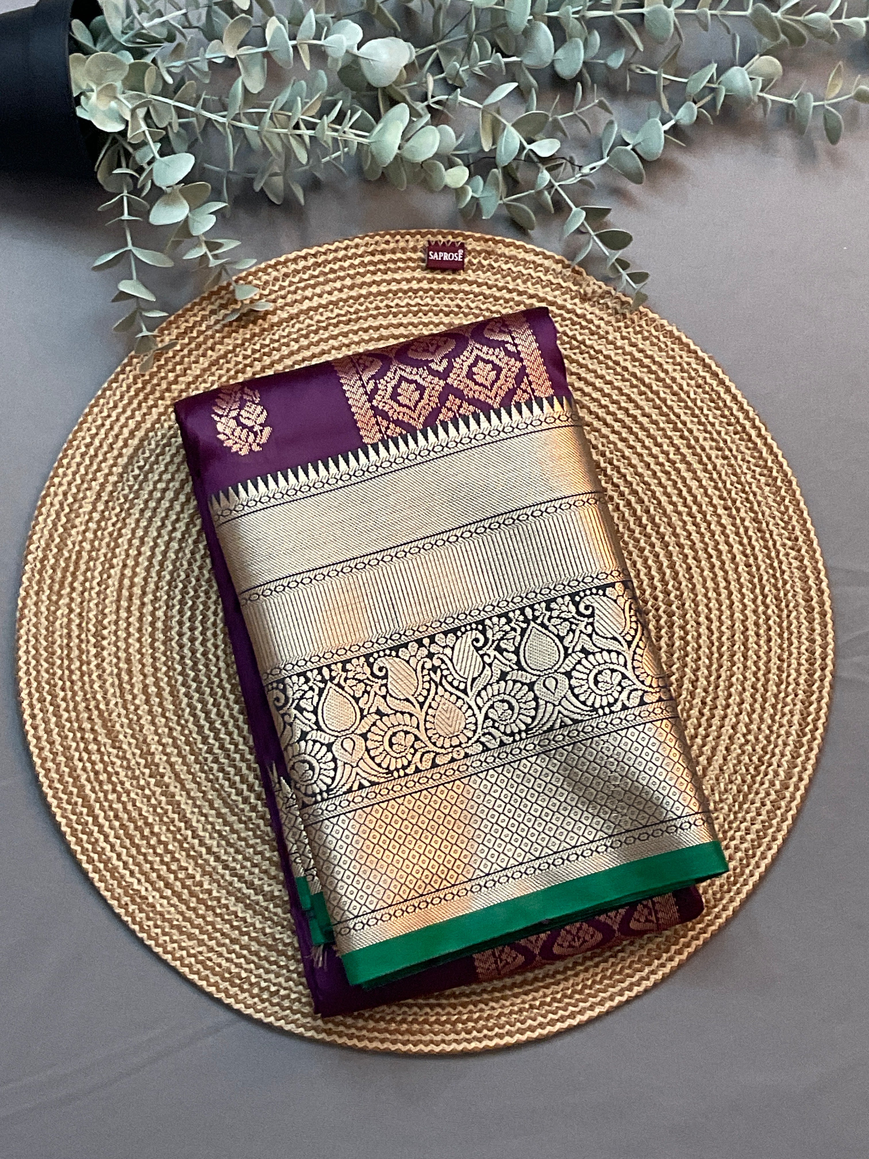 Kanchipuram Pattu Silk Saree in Purple with Contrast Pallu & Kanchi Border Blouse