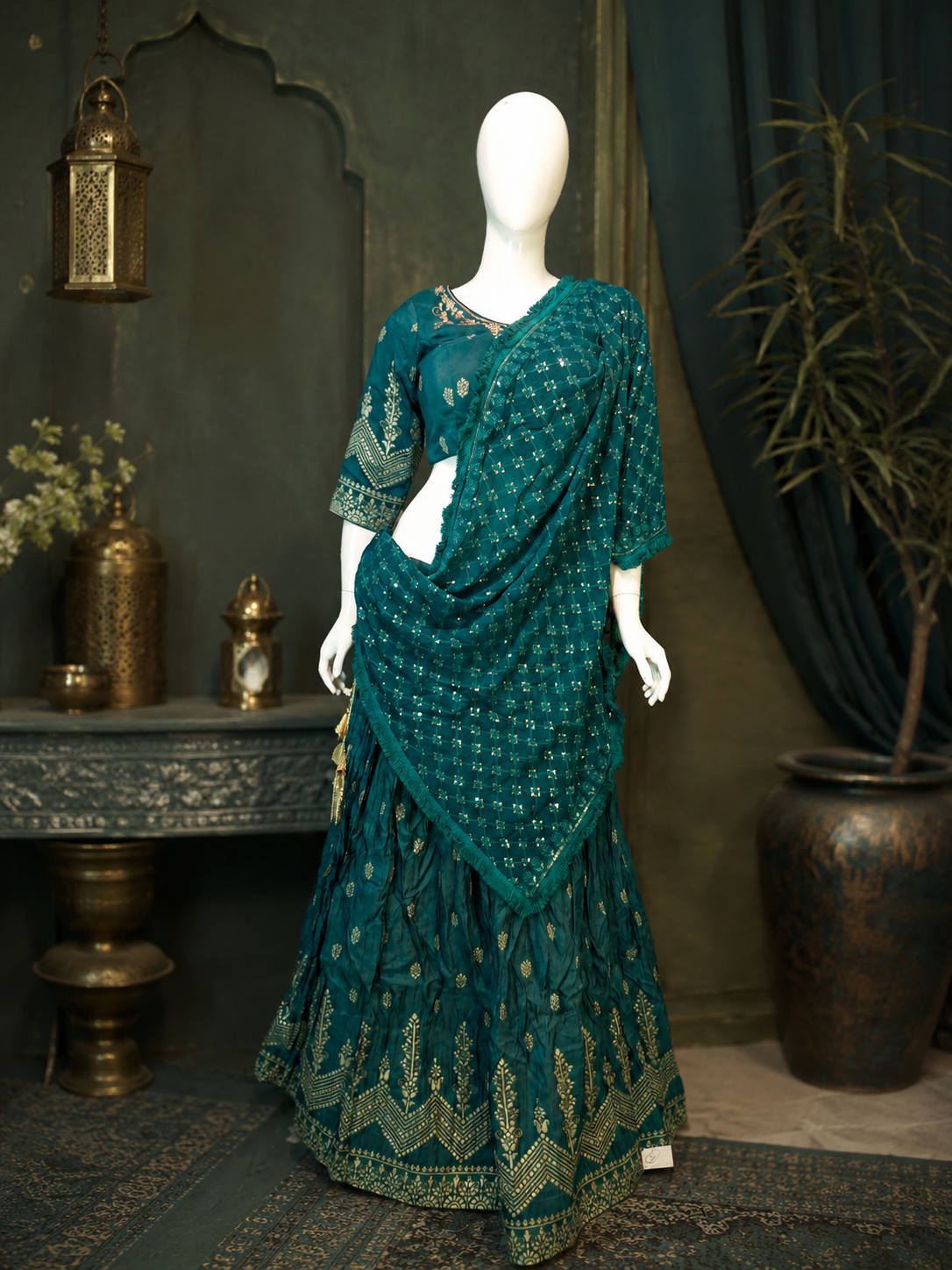 Peacock Green Handloom Silk Bridal Lehenga with Gold Zari Embroidery