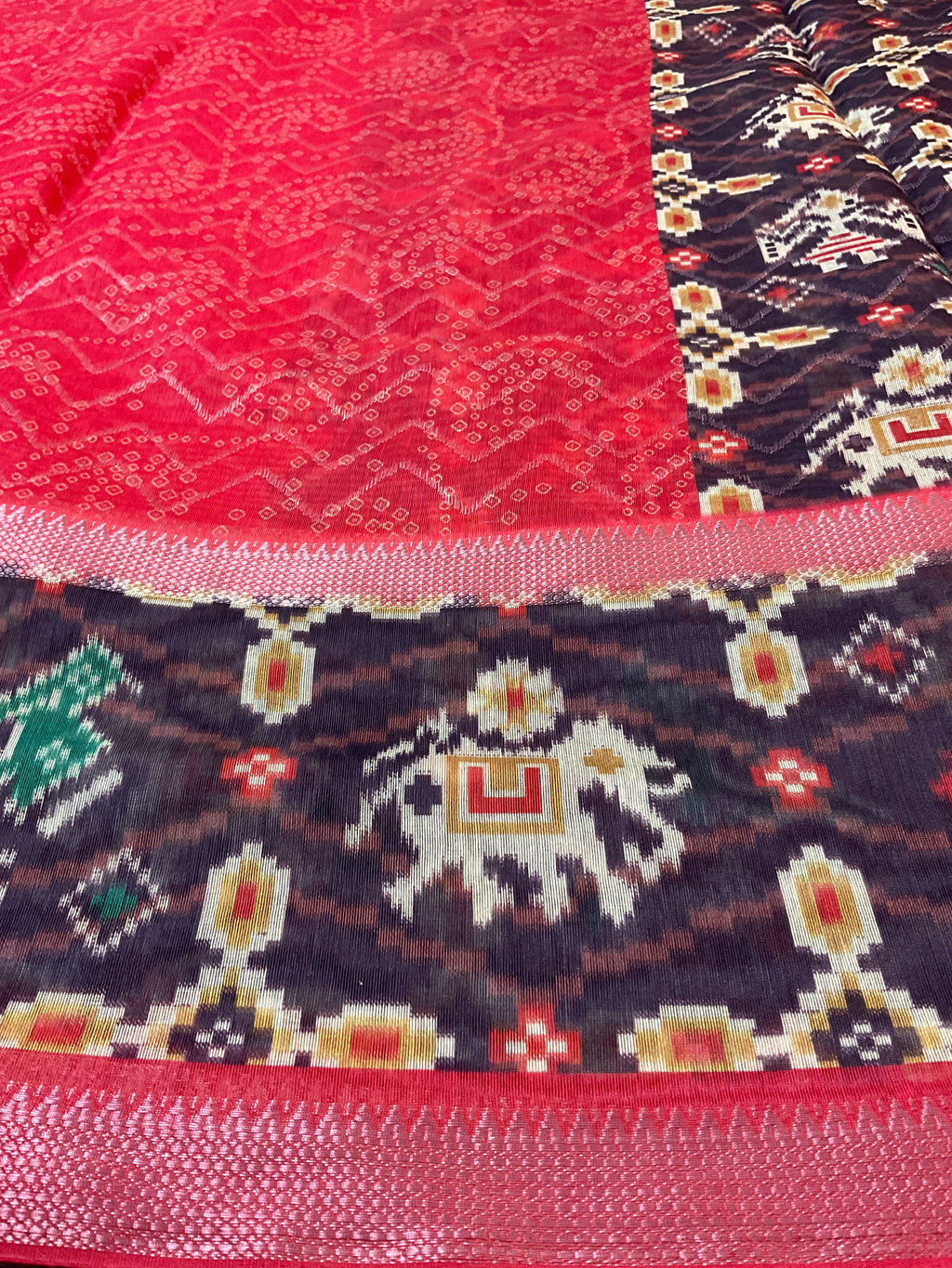Red Kalamkari Mirror Work Soft Silk Saree with Contrast Pallu