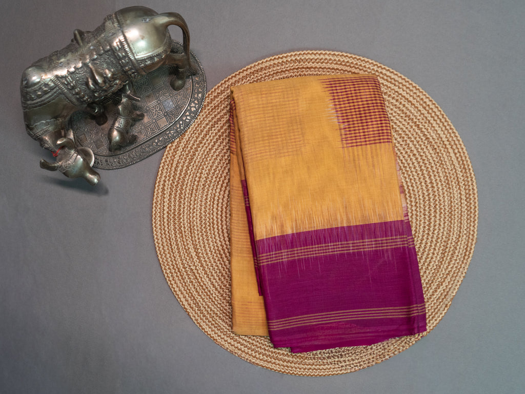 Deep Mustard Pochampally Ikat Cotton Saree with Magenta Border