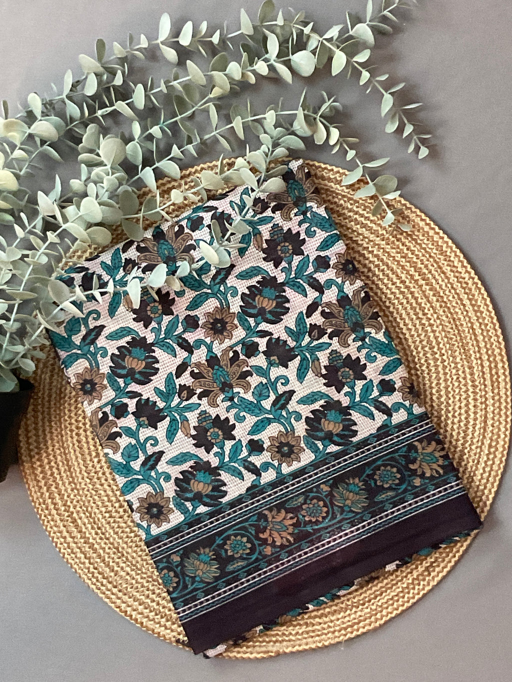 Off White & Blue Kalamkari Floral Printed Cotton Saree with Blouse