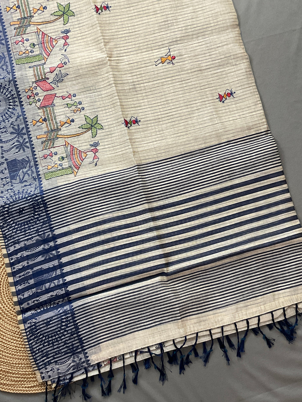 Warli Weaving Border Cotton Linen Saree in Royal Blue with Lined Pallu