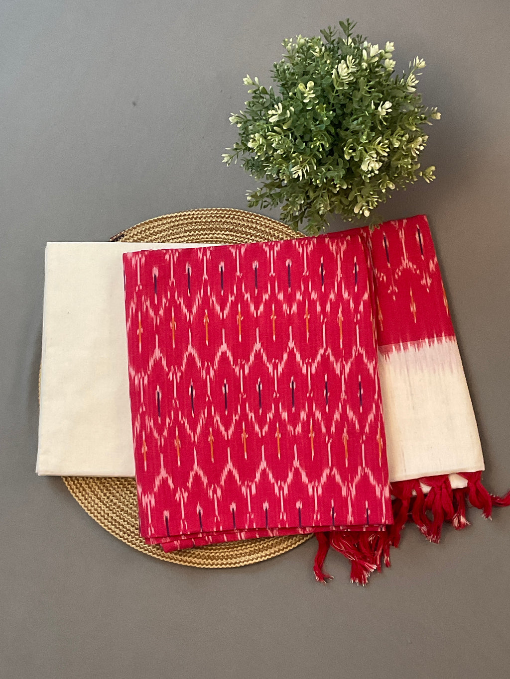 Pink & White Pochampally Ikat Cotton Unstitched Dress Material – 3-Piece Suit