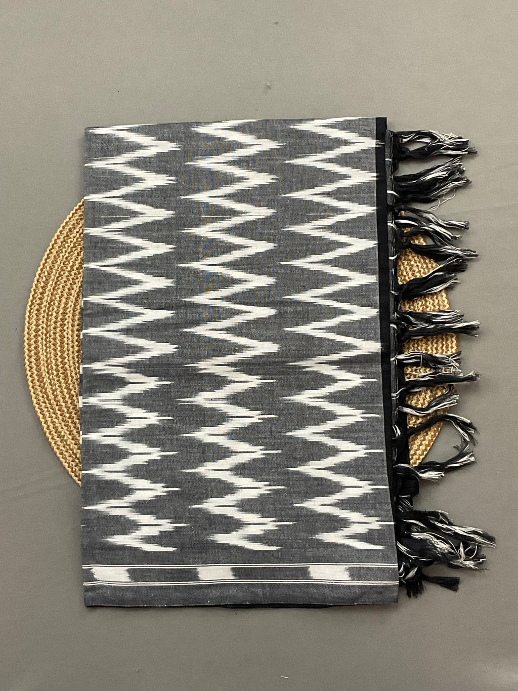 Grey and white Pochampally ikat handloom cotton dupatta