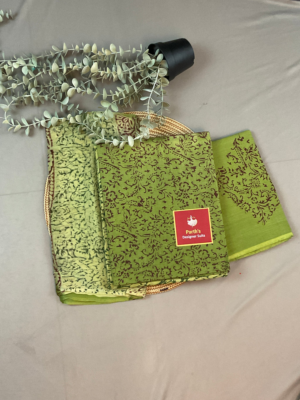 Dark Green Block Print Dress Material