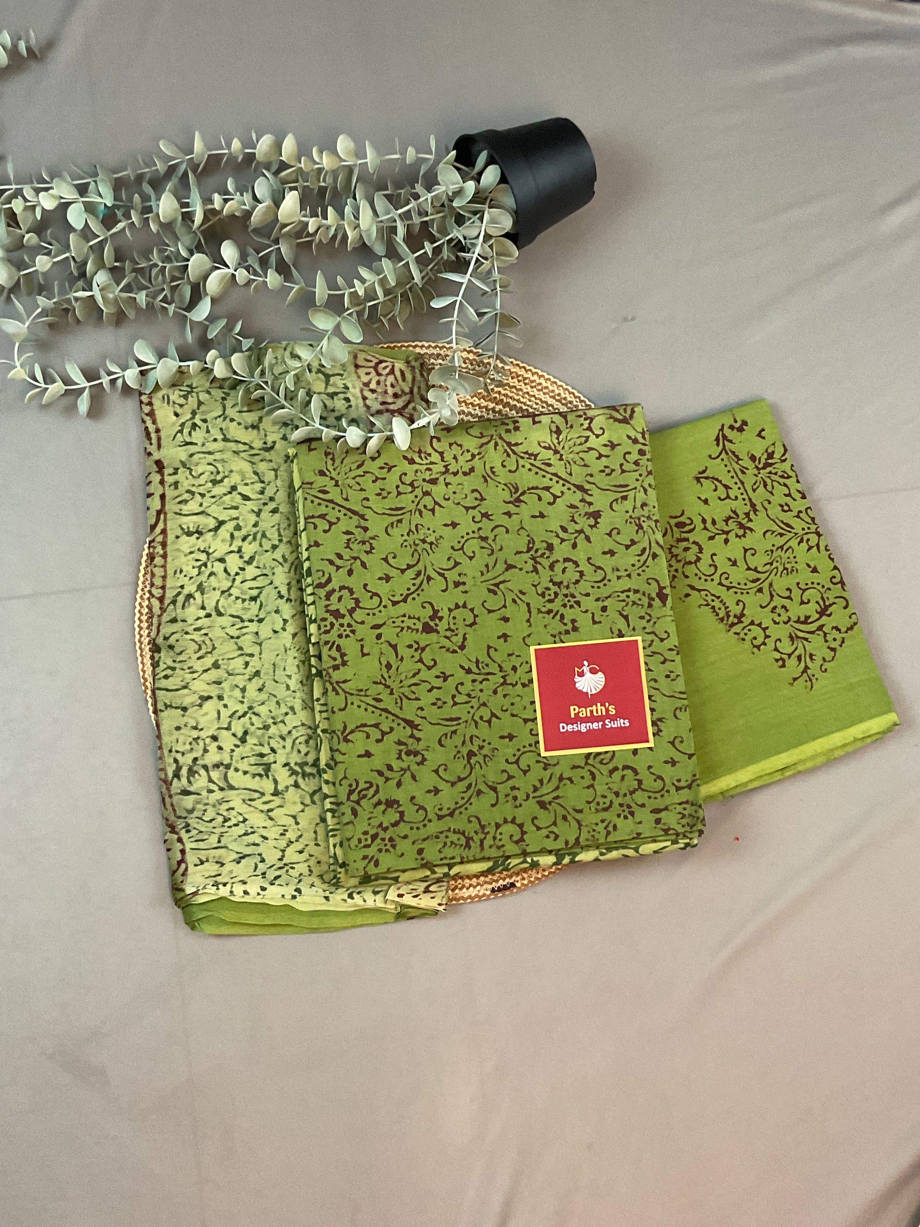 Dark Green Block Print Dress Material